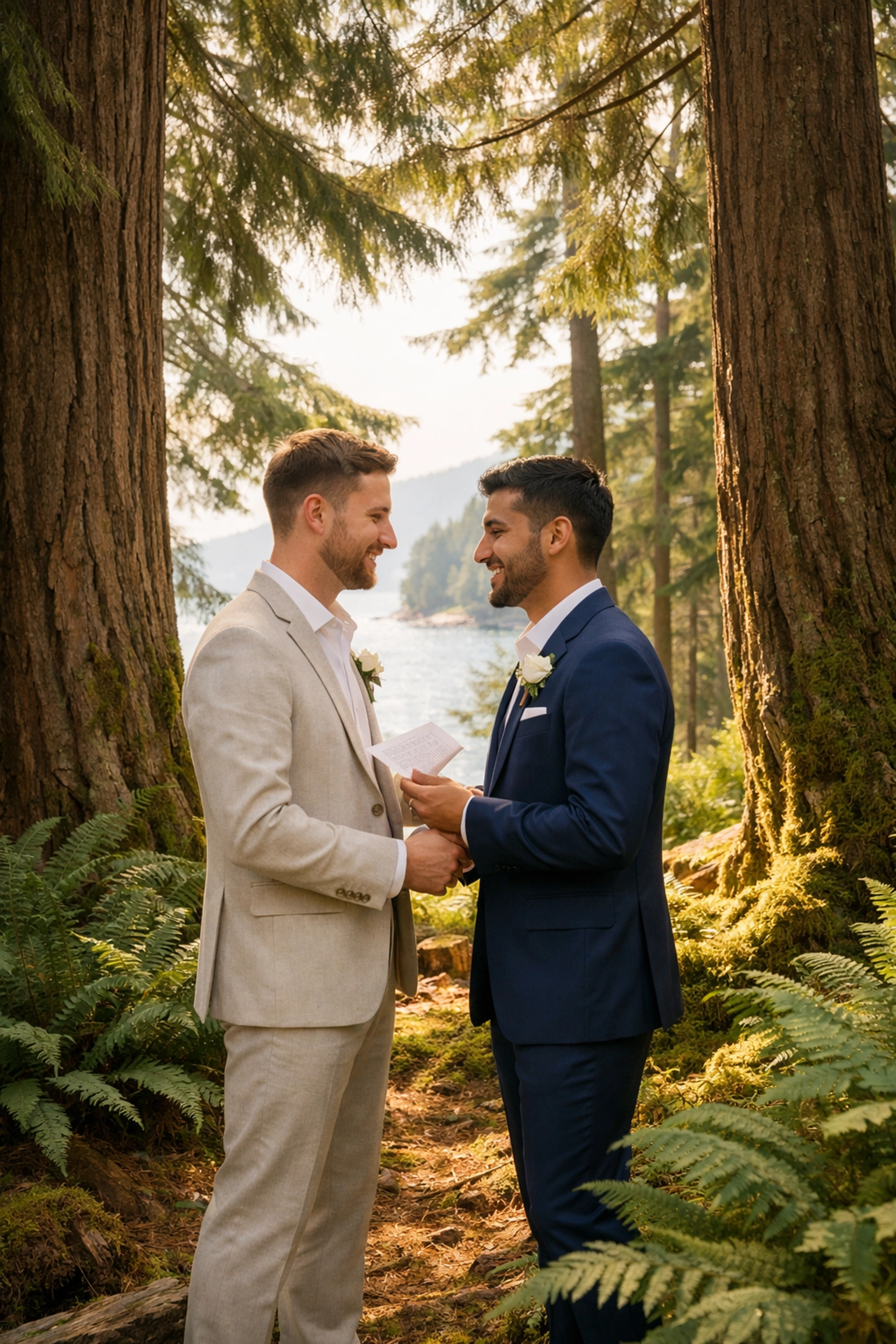 Gay wedding ceremony under cedar trees in Stanley Park Vancouver