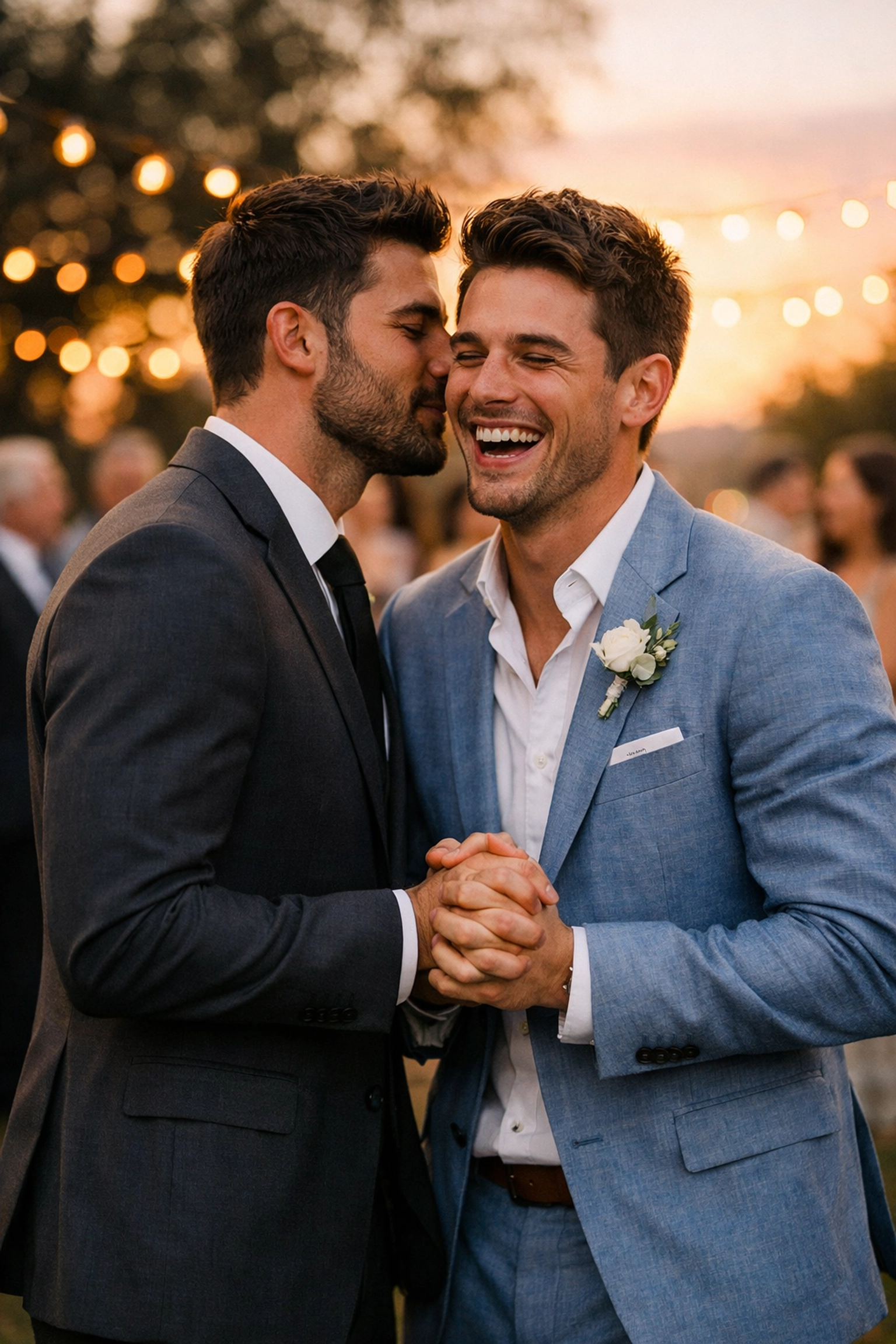 A fake dating MM romance scene showing two men in suits holding hands at a romantic sunset wedding.