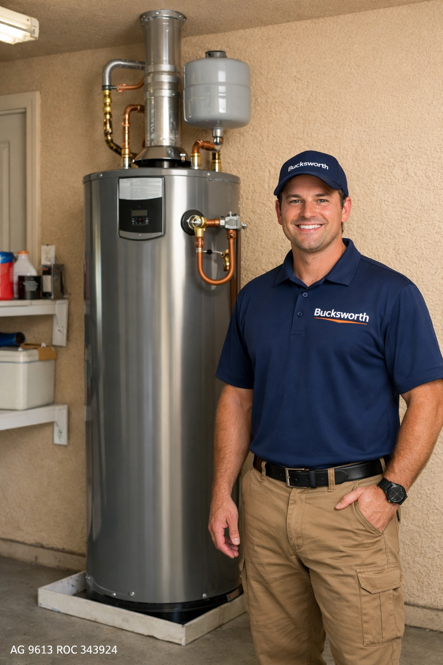 Bucksworth Home Services technician with a new water heater replacement in a Phoenix AZ garage.