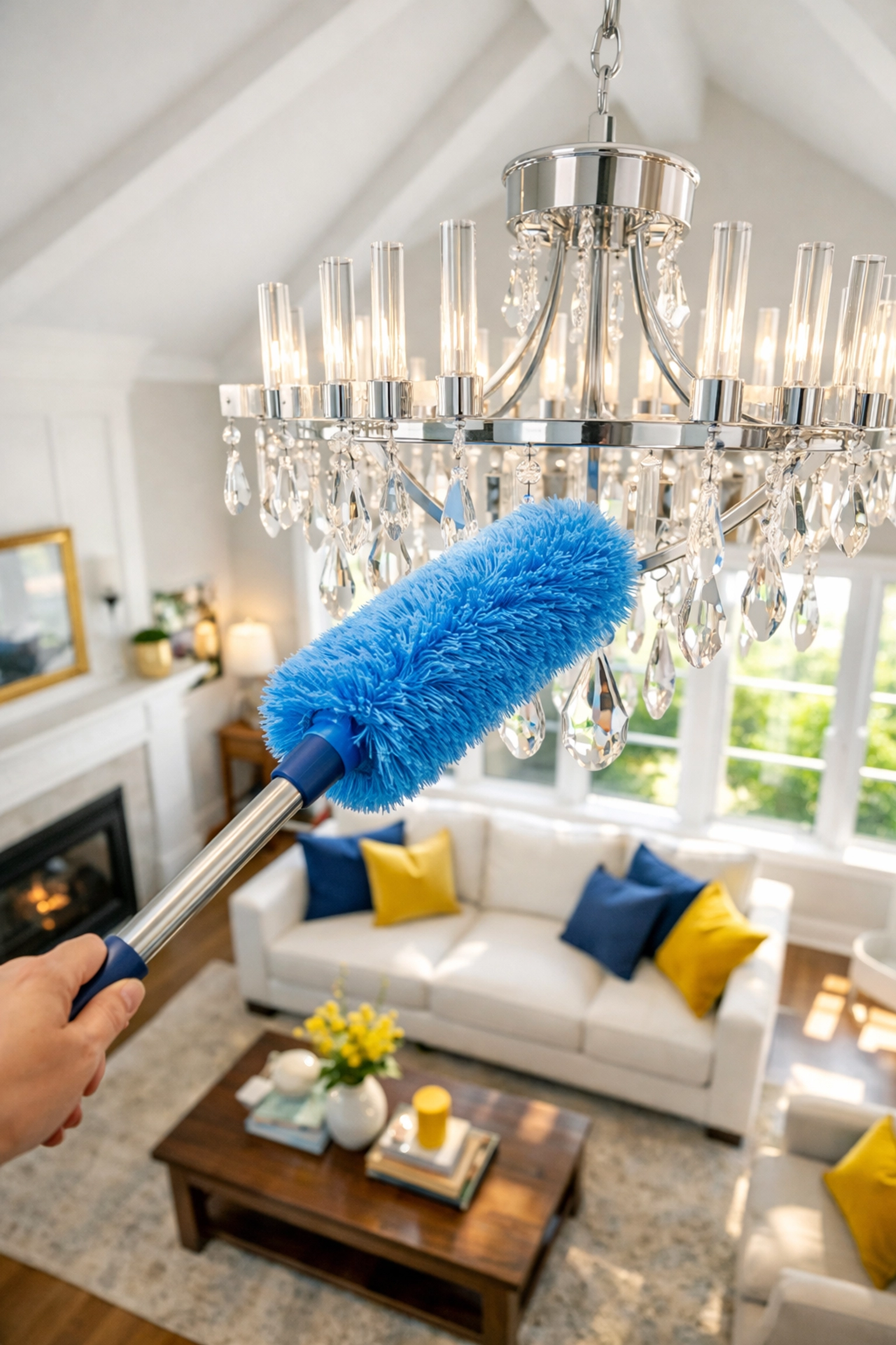 Professional house cleaning service in Burlington cleaning a chandelier using the top-down method.