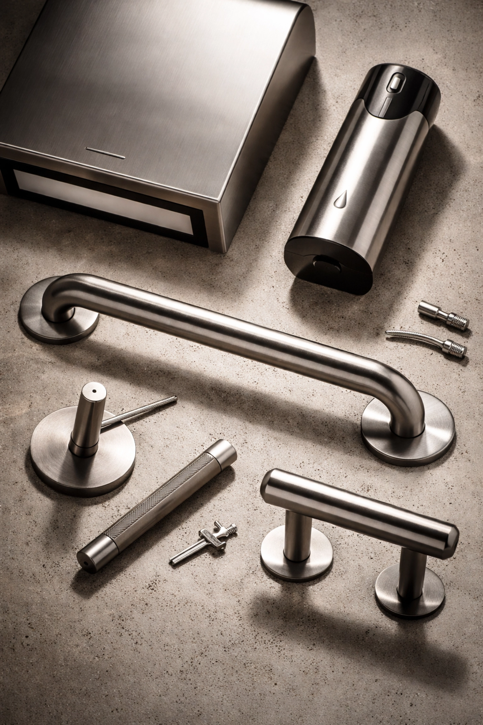 Close-up of high-end commercial bathroom accessories including ADA-compliant grab bar and stainless steel paper towel dispenser