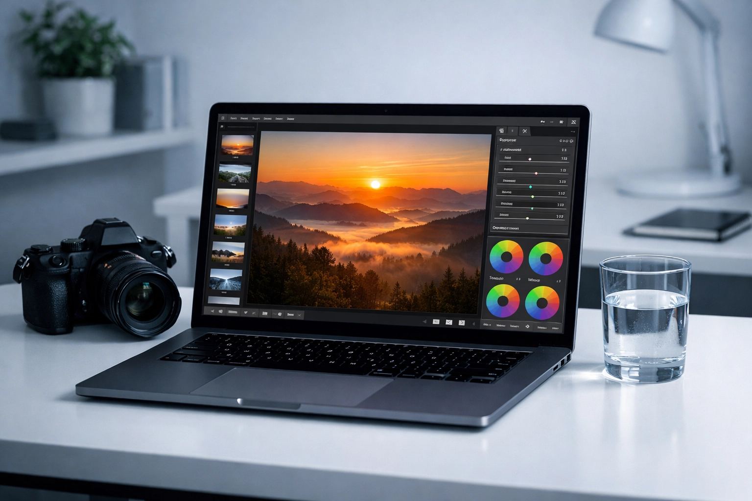Laptop displaying photo editing tutorials for enhancing landscape images with professional software.
