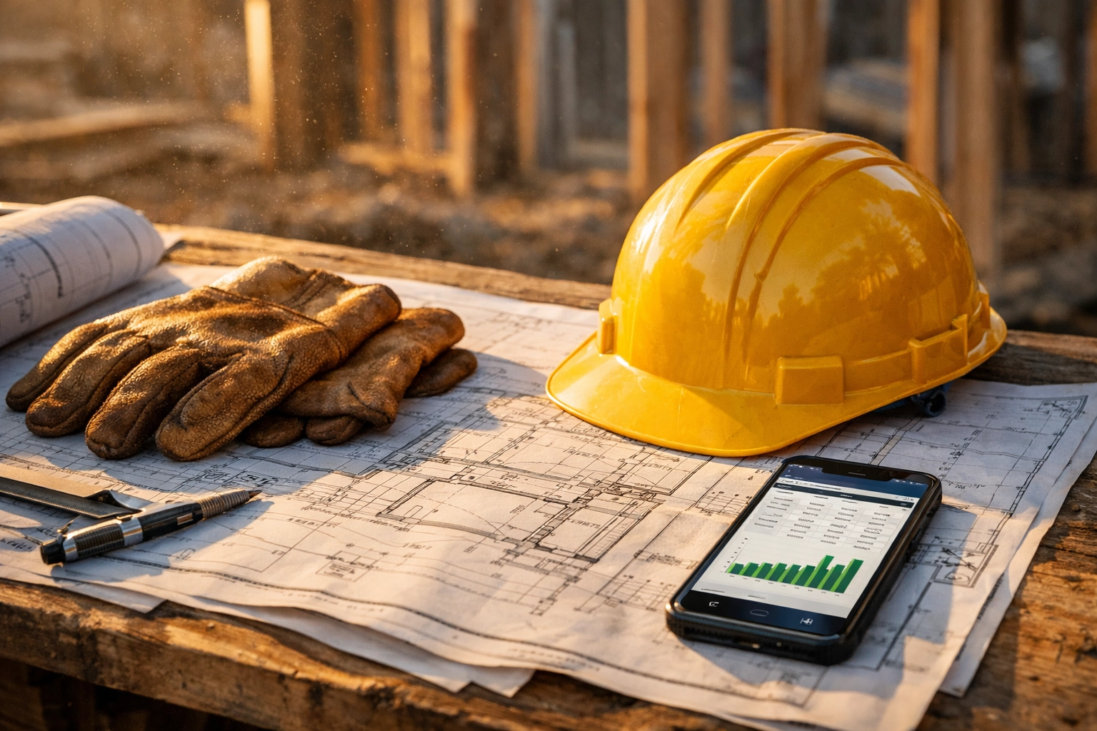 Construction blueprints and safety gear on a job site representing CT business insurance and financial planning.