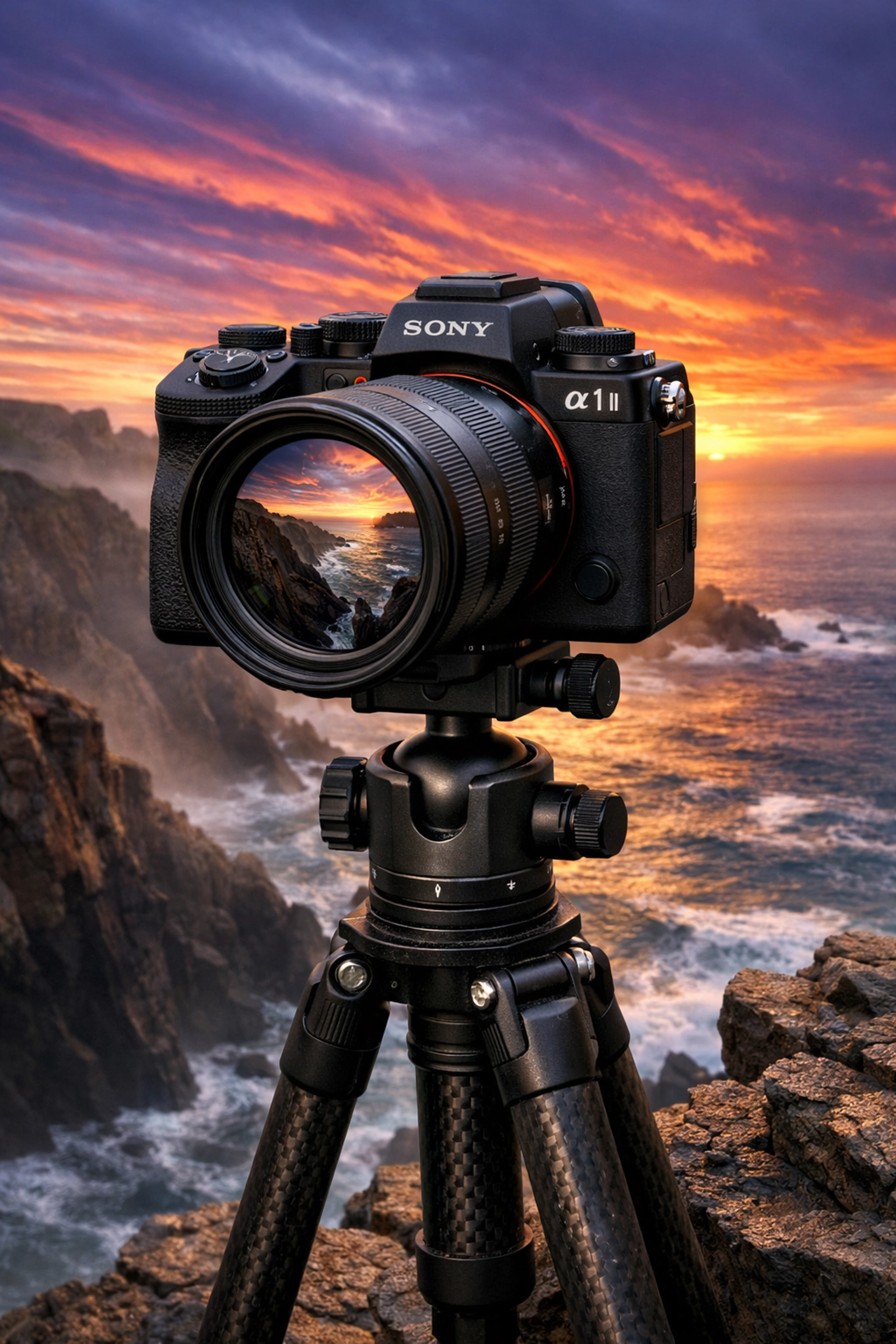 Professional Sony a1 II on a tripod at sunset, showcasing one of the best mirrorless cameras of 2026.
