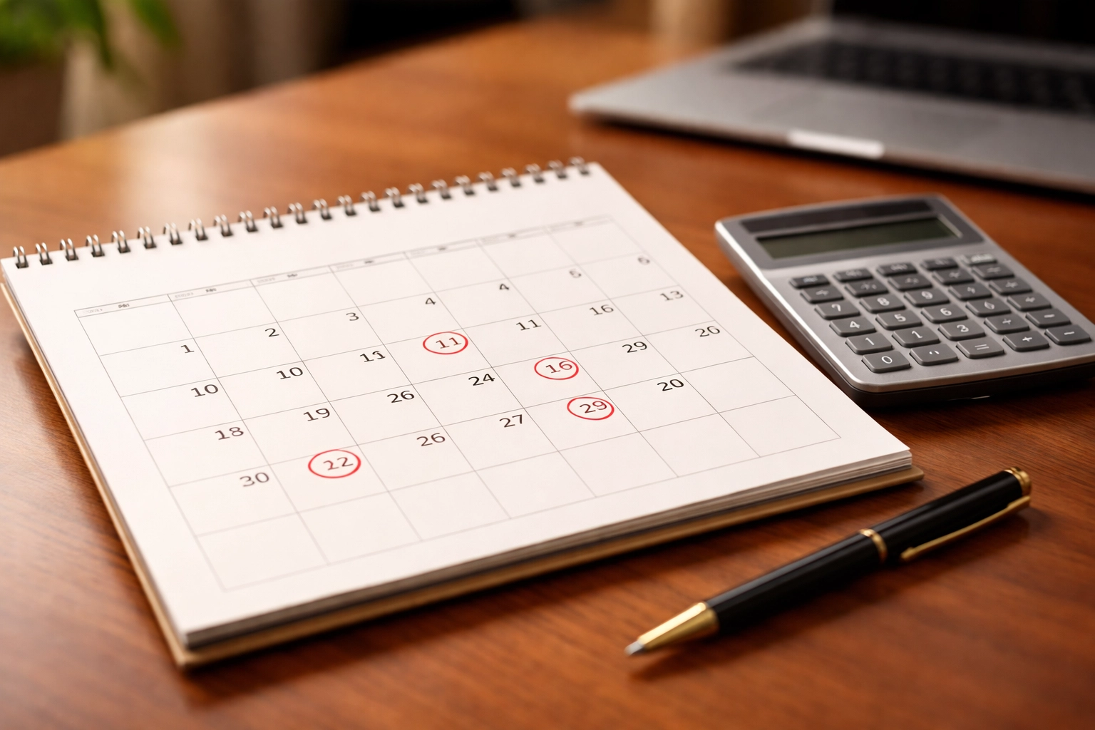Wall calendar and calculator on desk represent regular payroll and S-Corp salary planning for IRS compliance