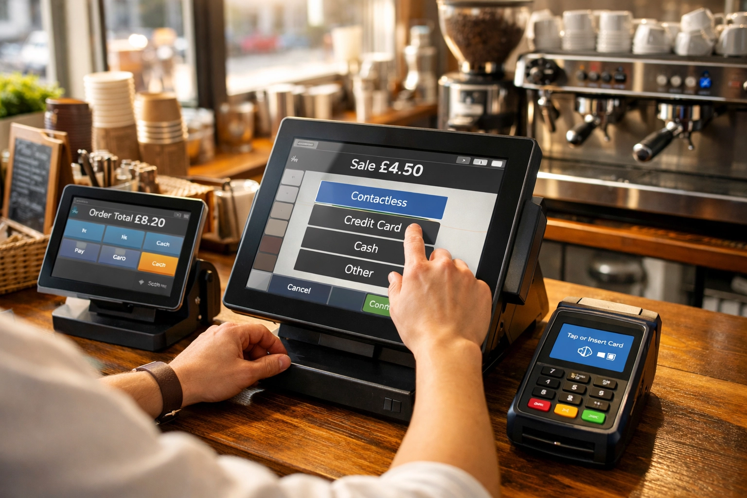 Barista operating modern POS till system in UK café with card reader and touchscreen