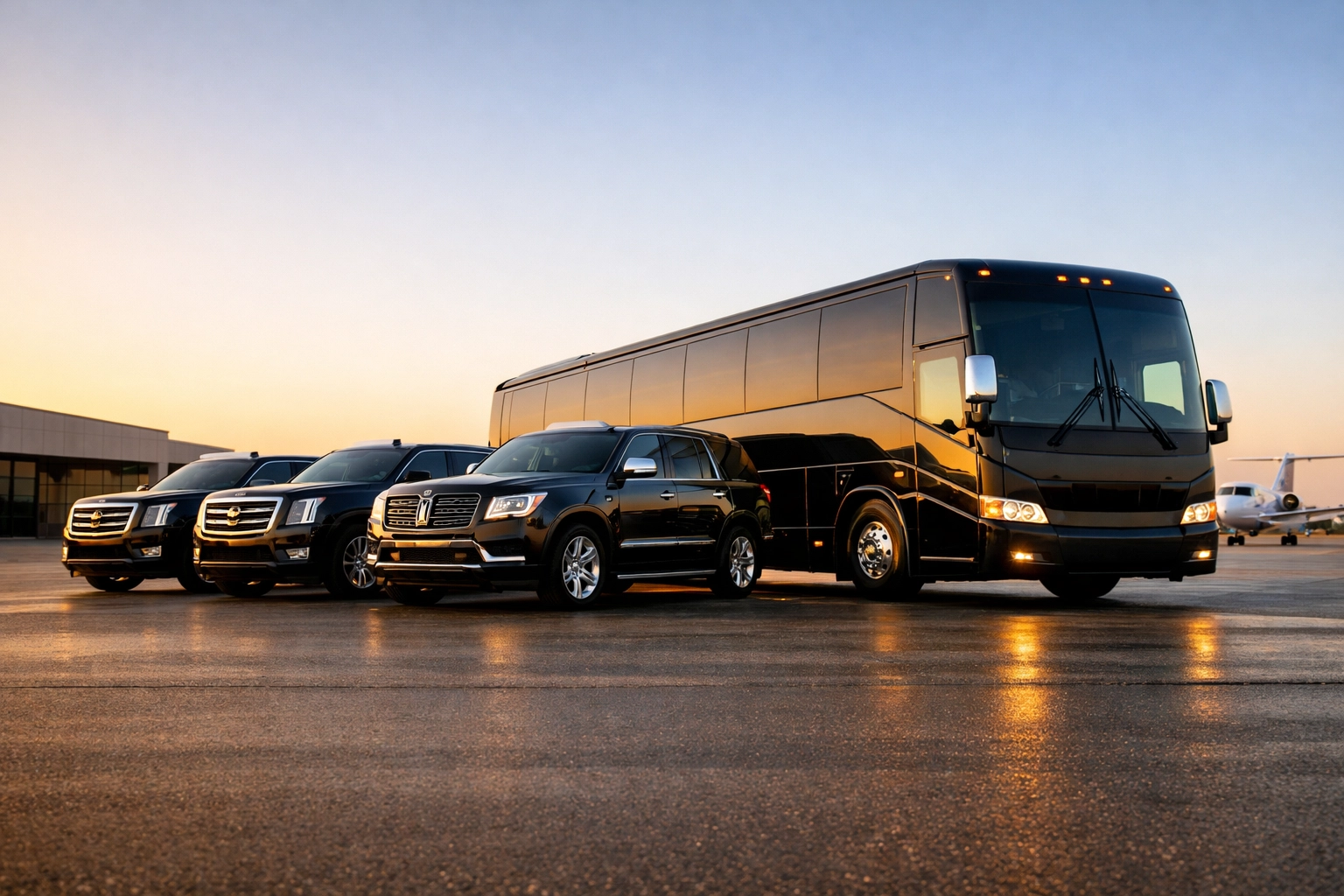 Luxury executive transportation fleet at a private terminal for Super Bowl corporate travel.