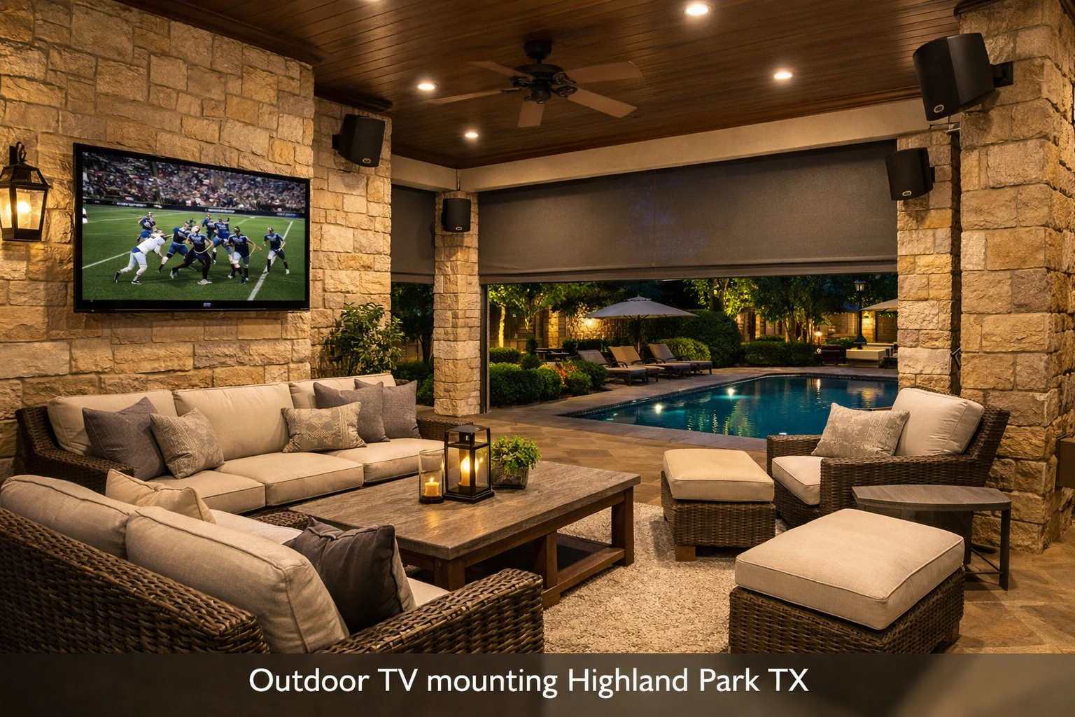 Outdoor TV mounting Highland Park patio with motorized shades and speakers