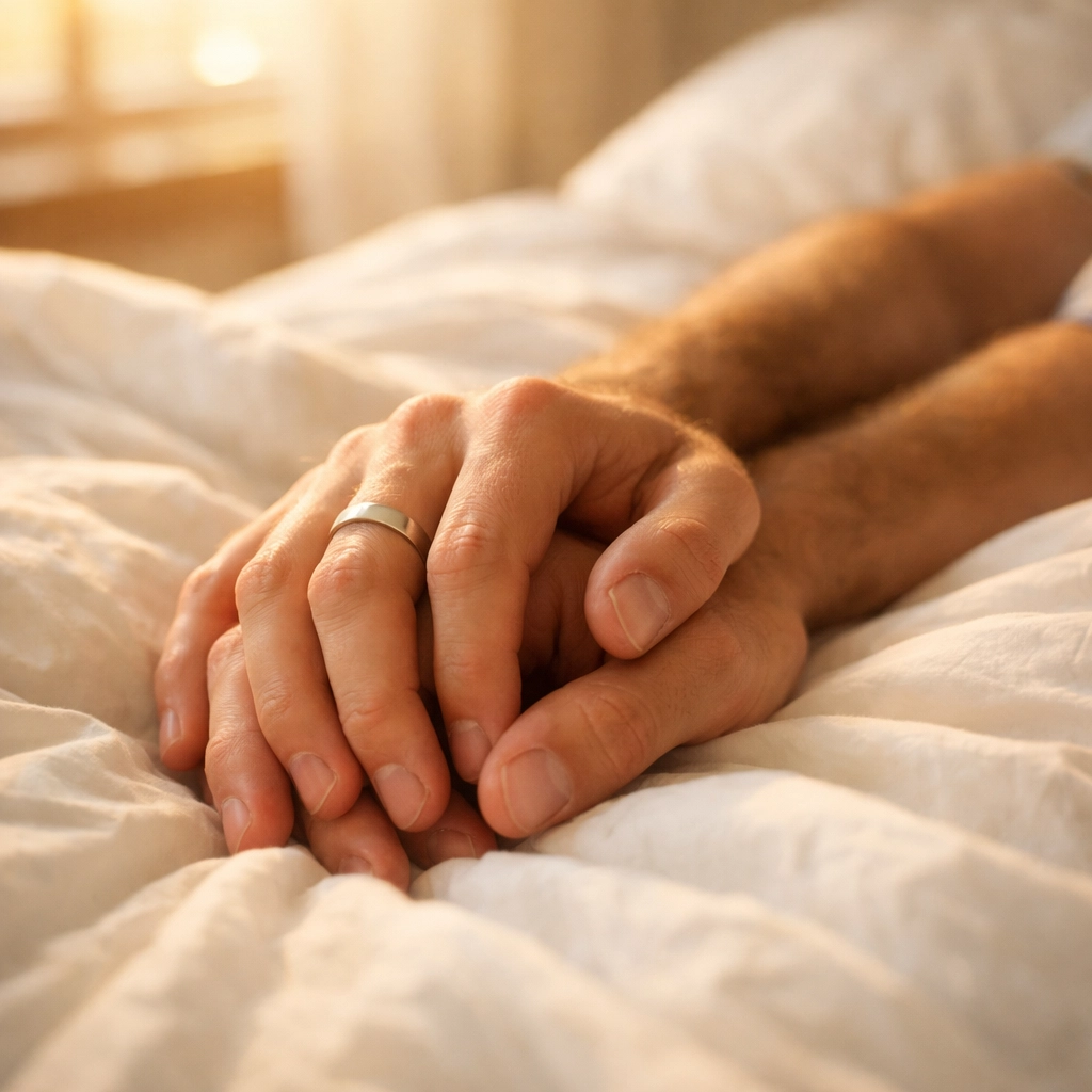 Married gay couple holding hands in bed on Sunday morning with wedding ring visible