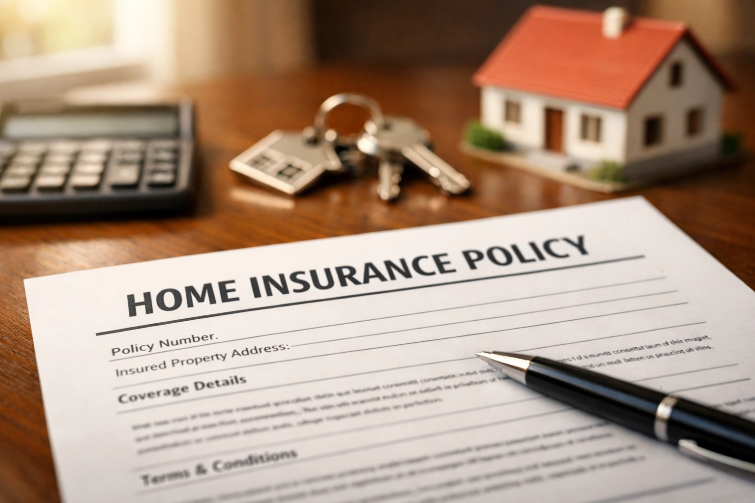 Homeowners insurance policy documents with calculator for real estate investment planning