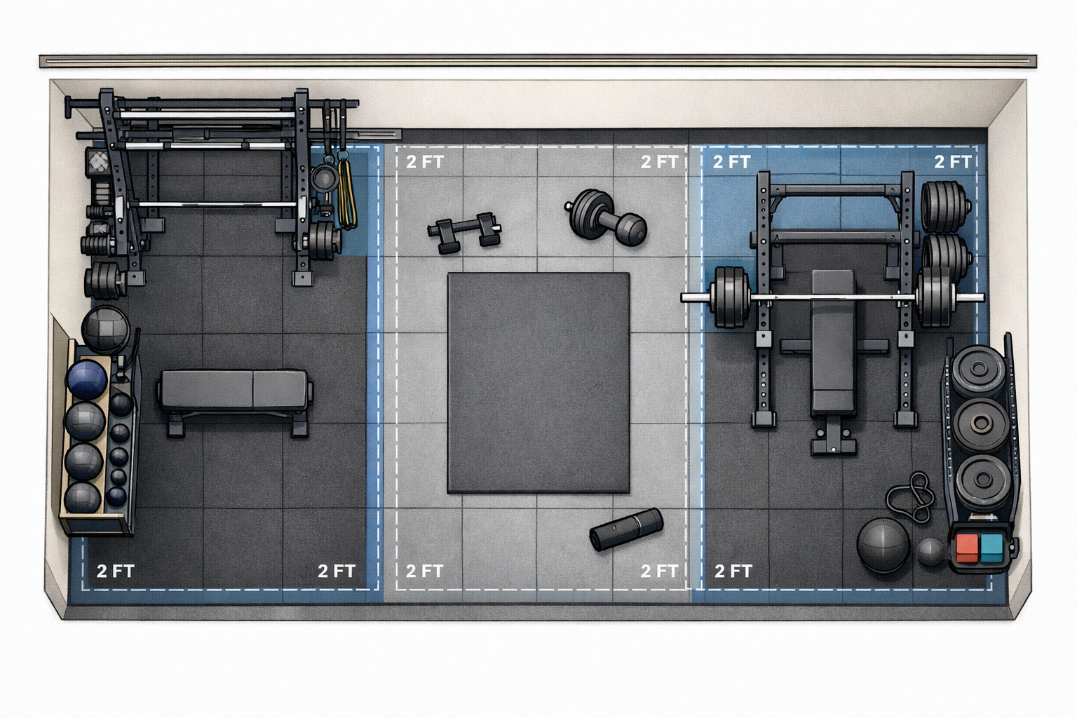 Home gym layout with training zones showing proper equipment spacing and organization