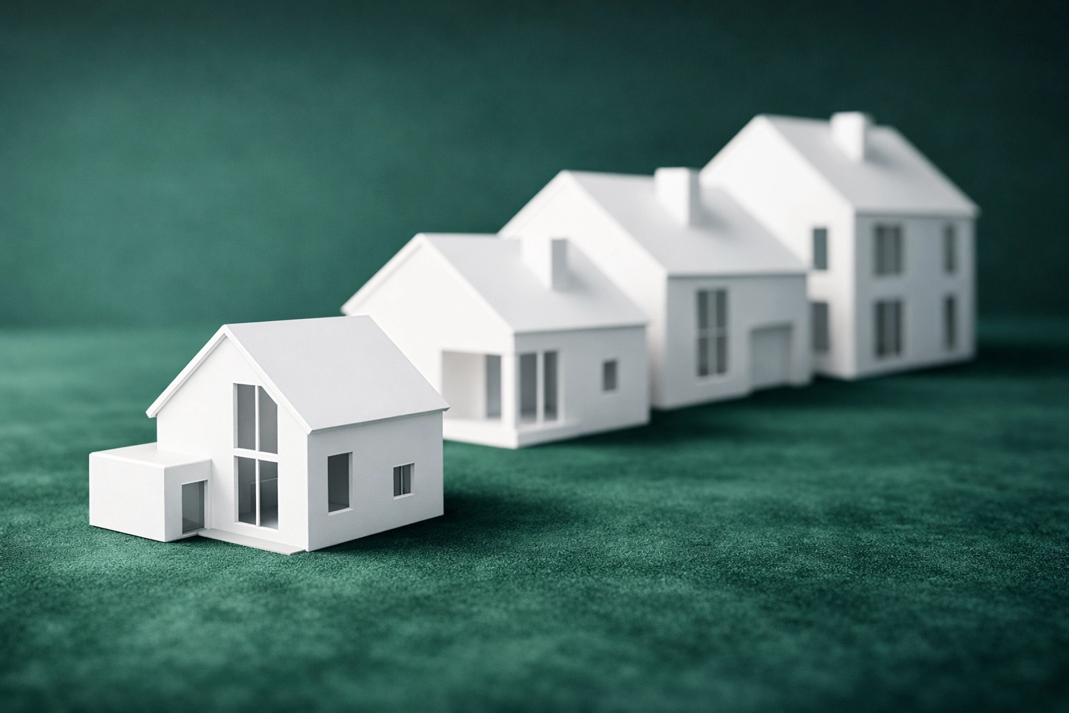 A row of modern house models representing a scaled real estate portfolio and portfolio loans in Tennessee.