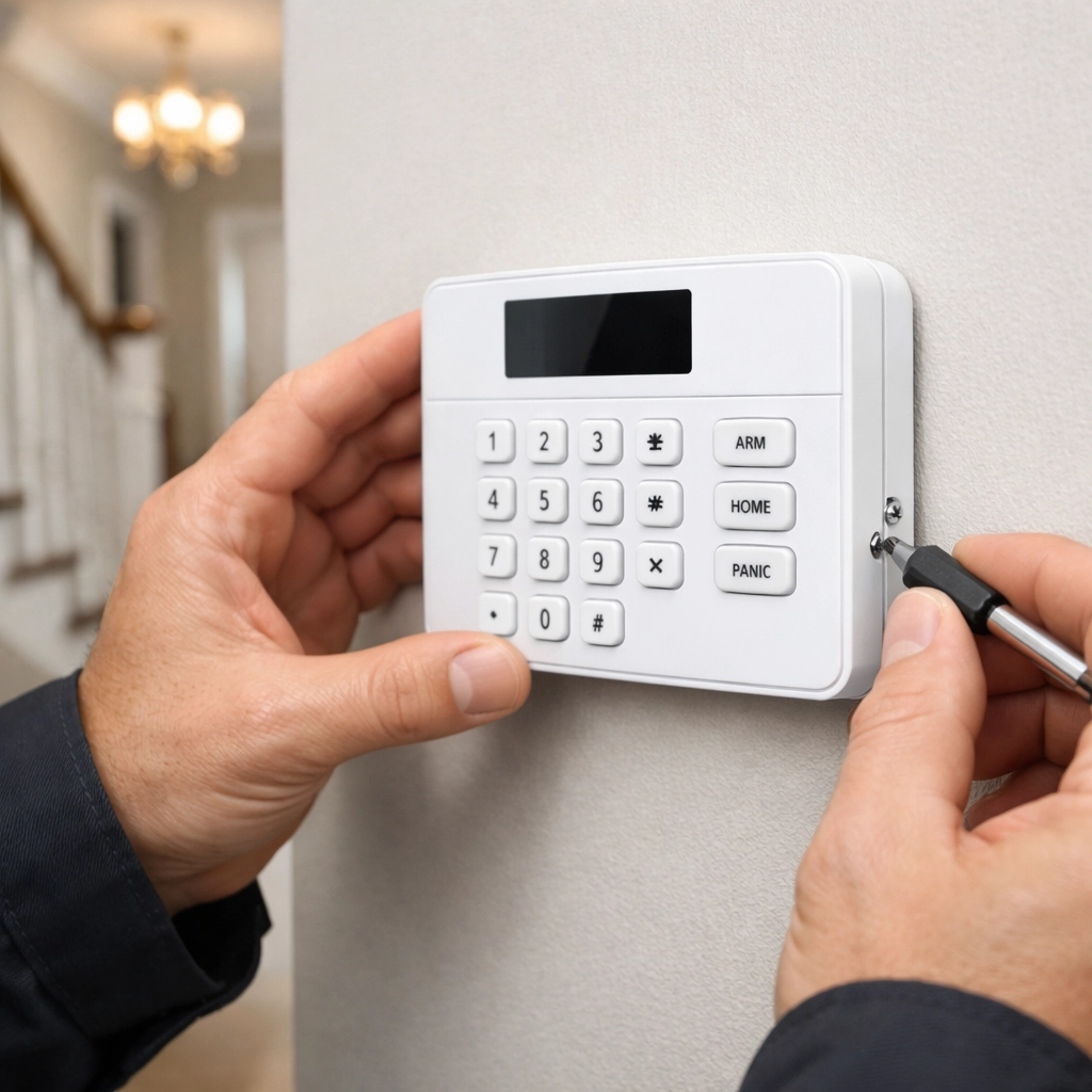 Professional intruder alarm installation by a security expert on a modern Wokingham home wall.