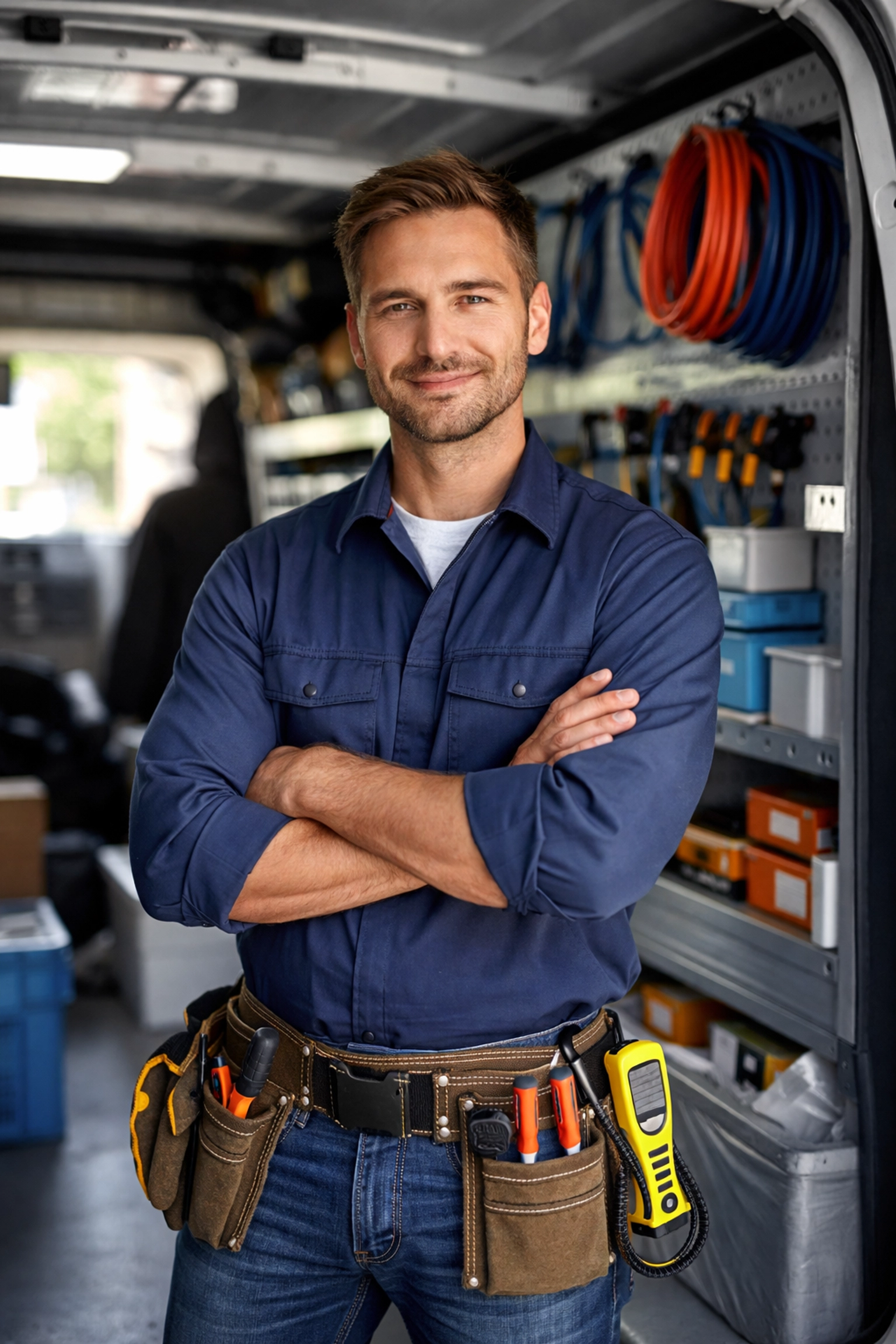 Confident contractor standing in organized workshop, representing authority and system ownership for service business marketing