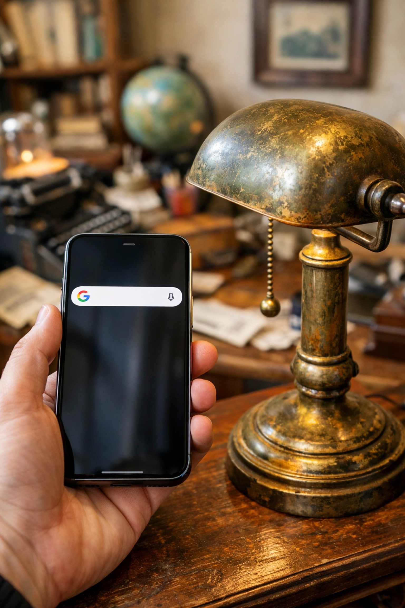 A reseller researching the value of a vintage brass lamp on a smartphone during an estate sale.