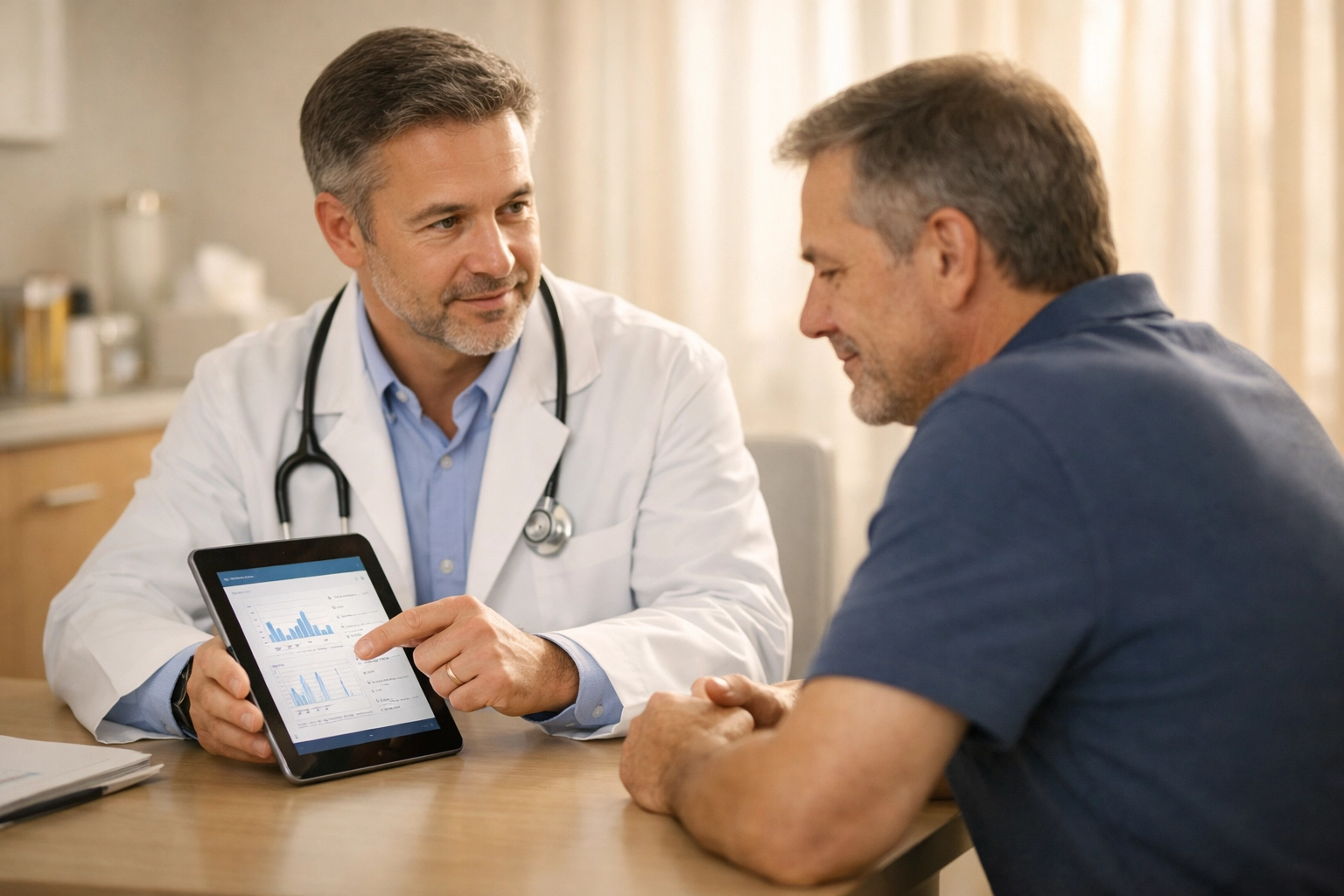 Medical provider reviewing TRT lab results with male patient during erectile dysfunction consultation