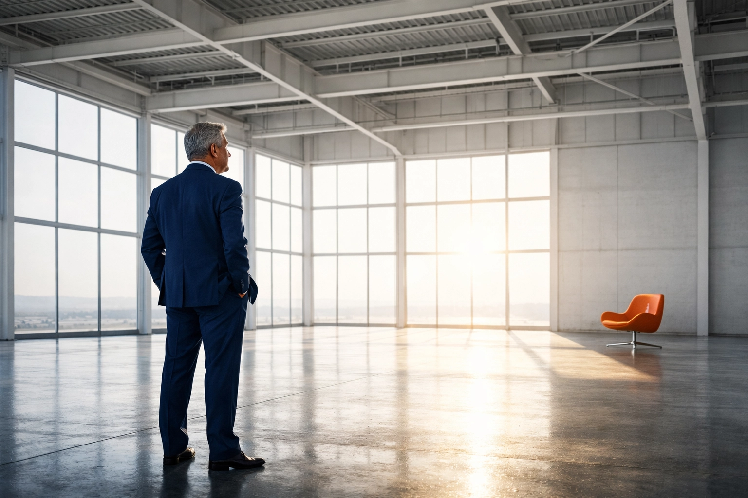 Mature business owner contemplating a $5M exit and business transition in a modern warehouse.