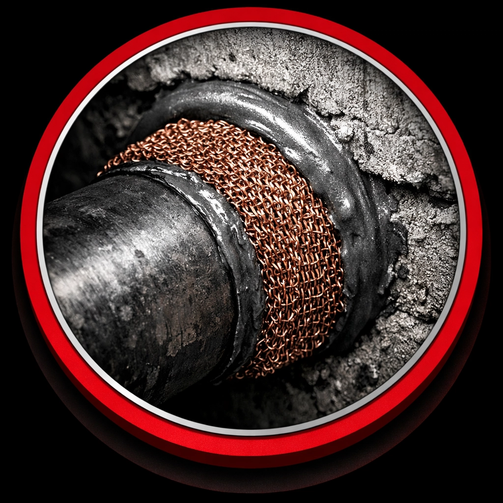 Professional pest exclusion sealing with copper mesh to prevent scorpion entry.