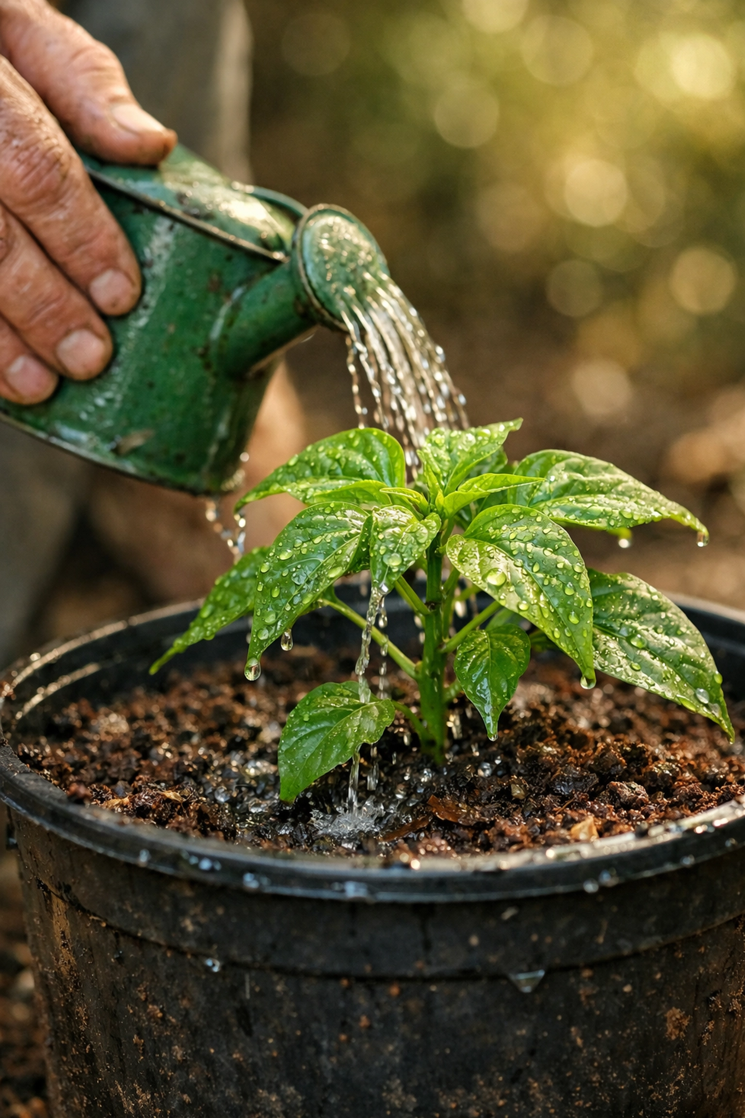 Watering ghost pepper plant in container with green watering can for consistent moisture