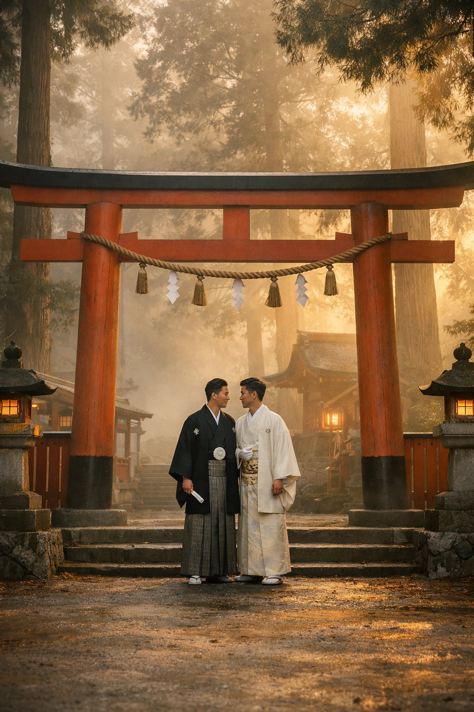 Two men in traditional wedding kimono at Kyoto shrine torii gate for gay Shinto ceremony