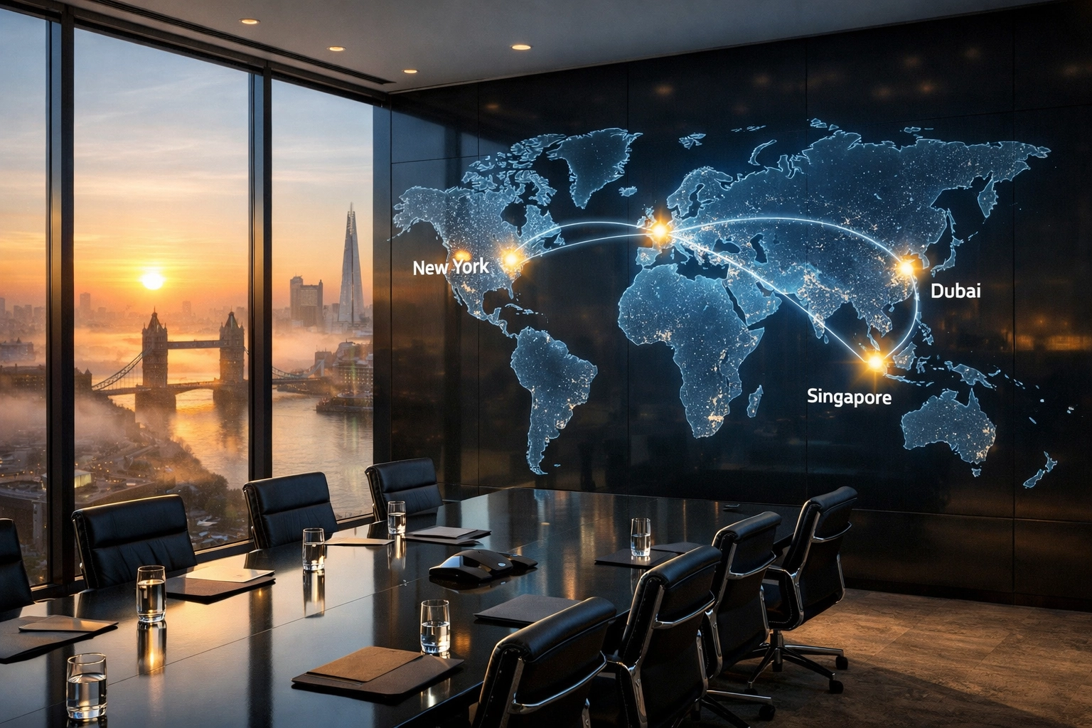 A modern London office overlooking the Thames, illustrating global business coordination across time zones.