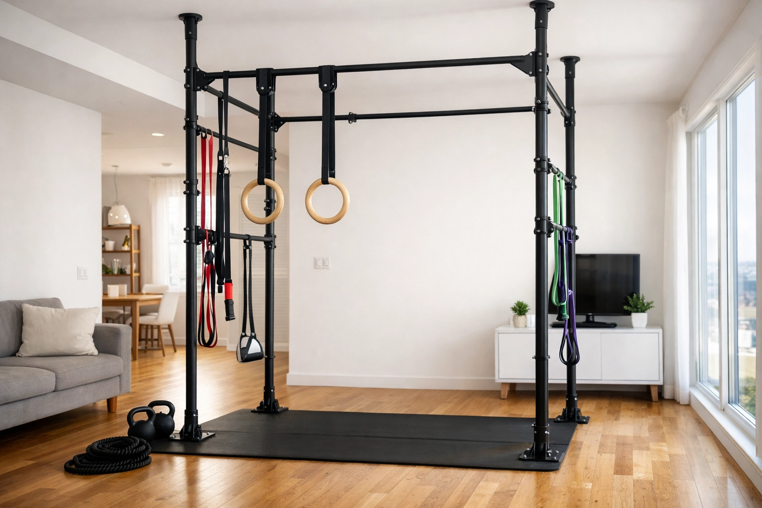 Complete versatile home gym setup with floor to ceiling system and multiple attachments