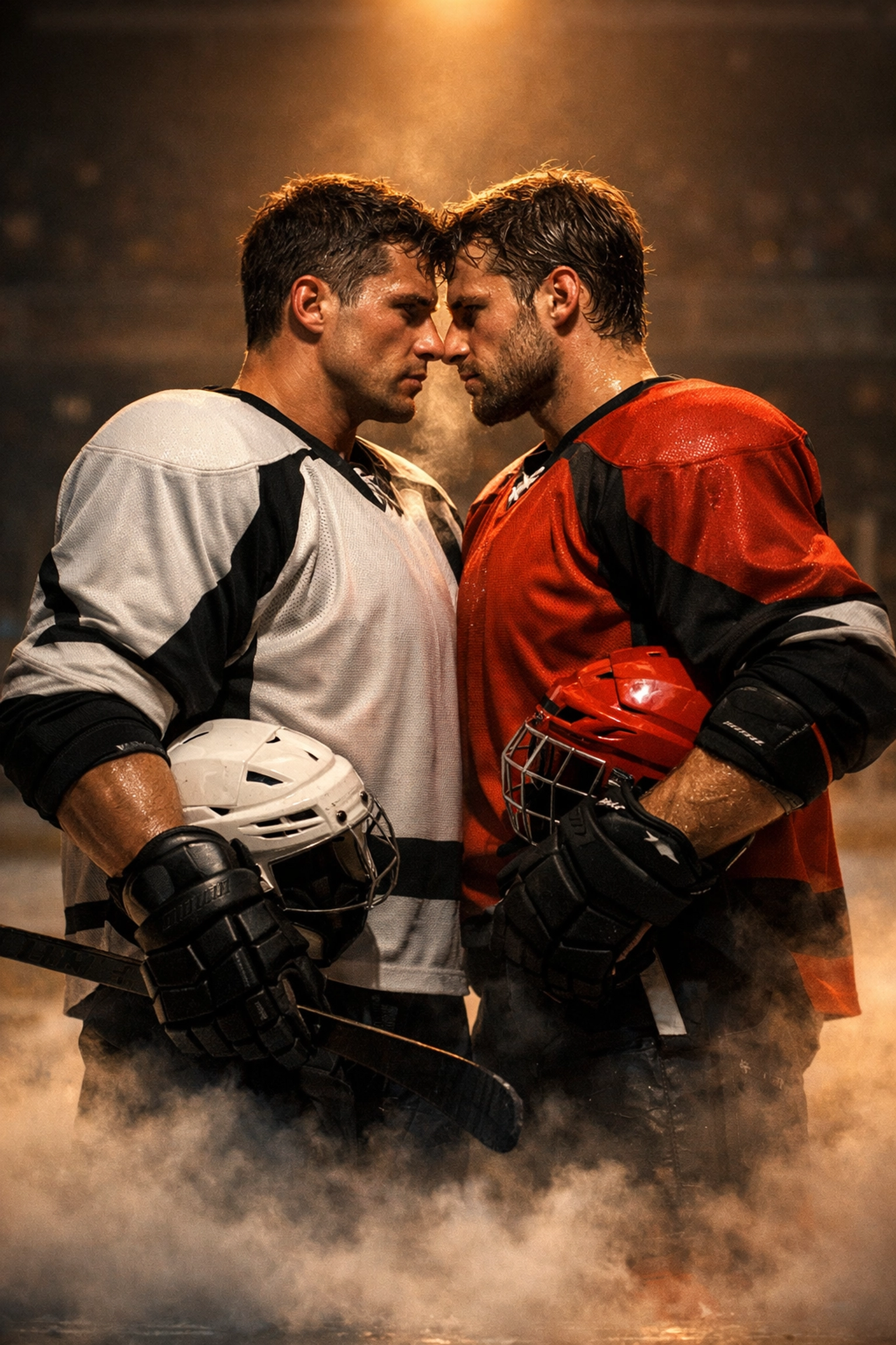 Intense romantic gaze between two male hockey players on a misty rink, capturing steamy MM hockey romance vibes.