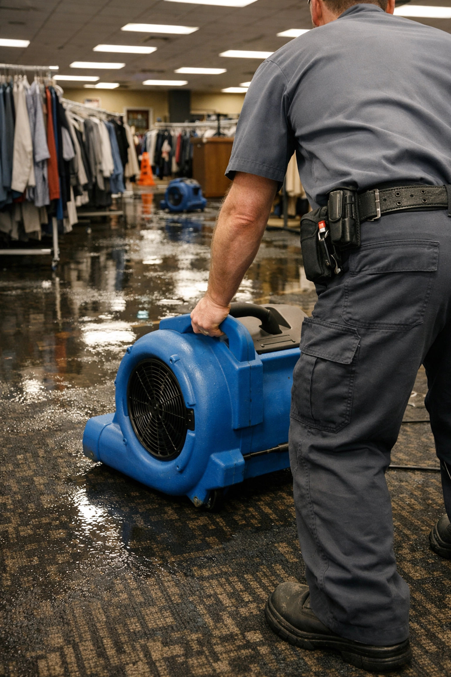 Restoration technician drying water-damaged commercial carpet in a Tuscaloosa business with industrial air movers.