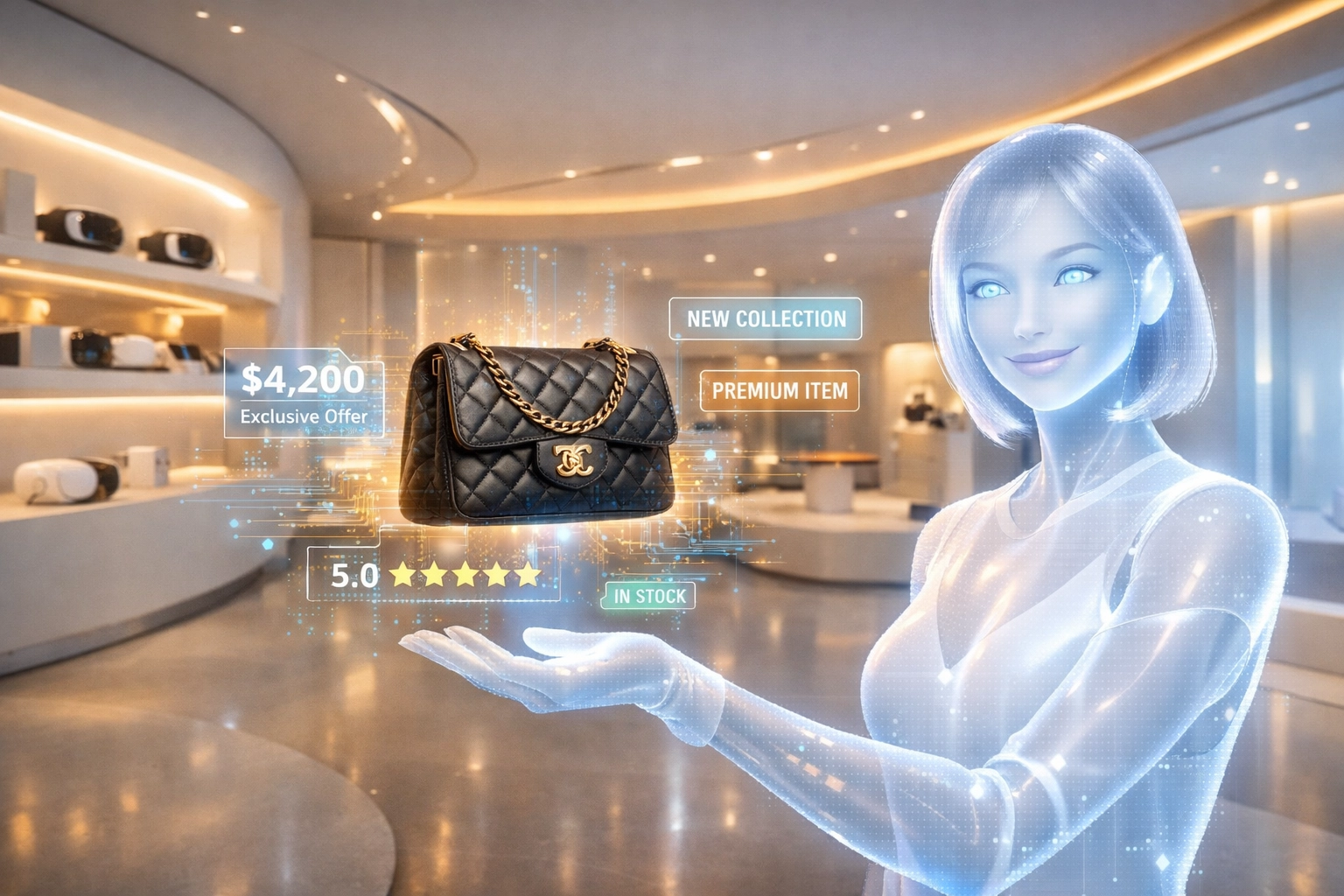 AI-powered shopping avatar presenting digital products in a futuristic virtual reality boutique storefront.