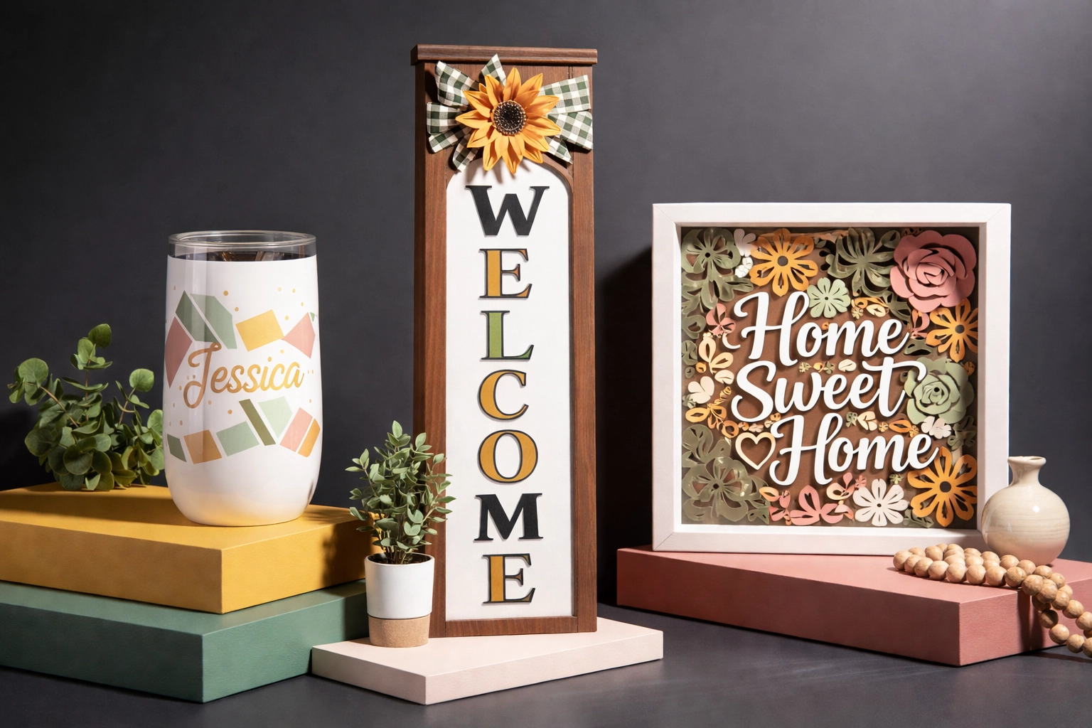 Home décor essentials featuring SVG designs on a tumbler, porch sign, and layered wall art