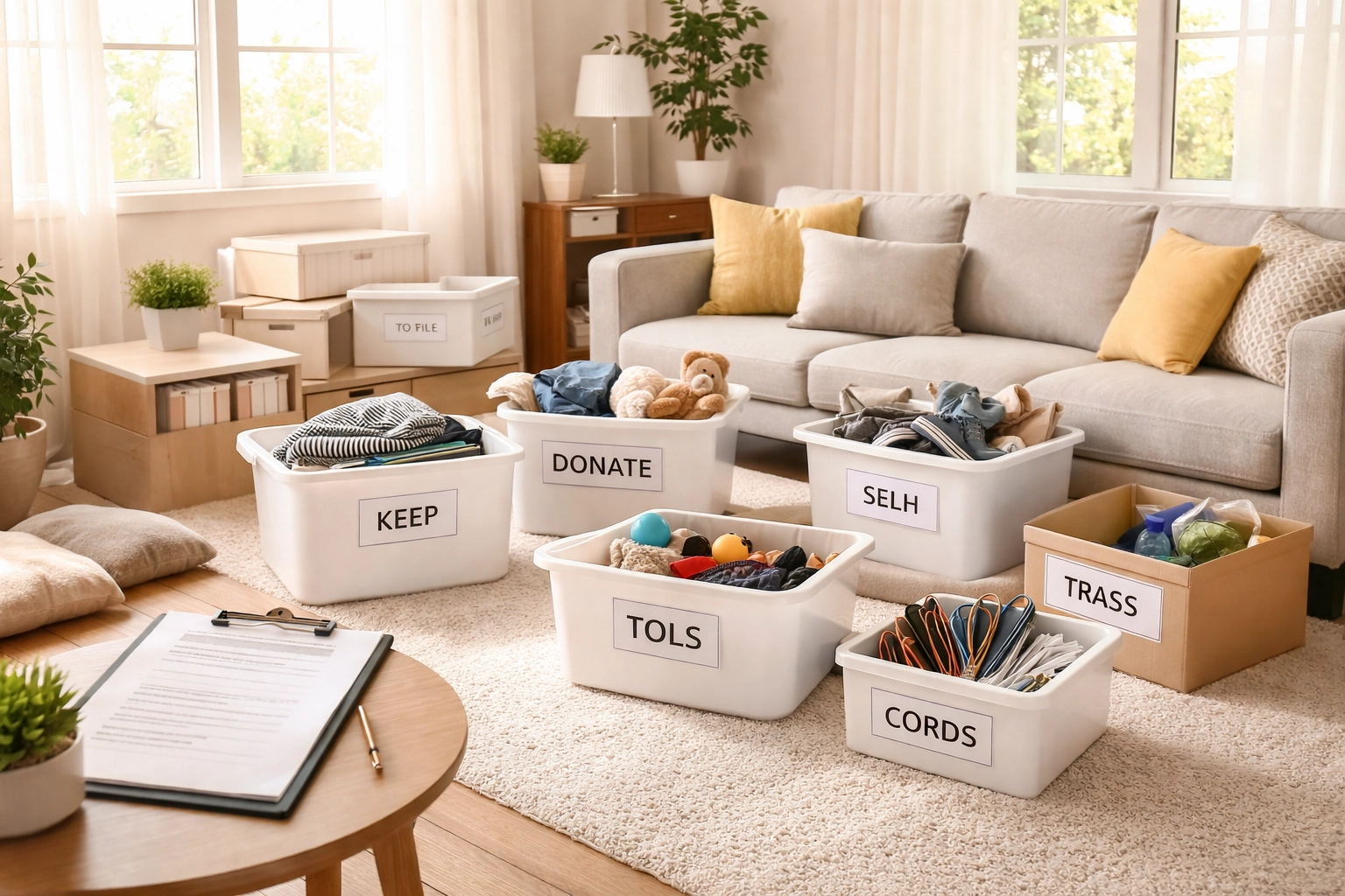 Organized living room with labeled boxes mid-sort, reflecting professional home cleanout services in Columbus Ohio