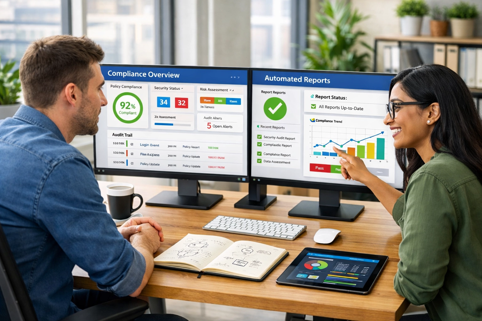 IT team reviewing DORA compliance metrics on ServiceNow dashboards with automated reporting