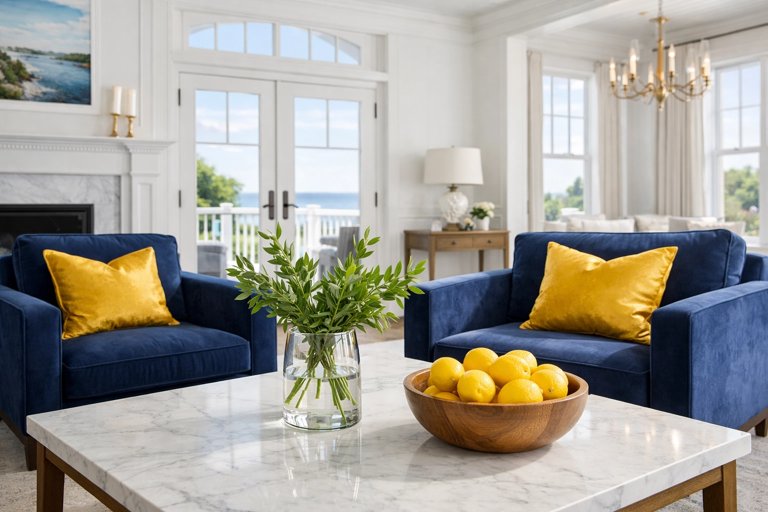 Sunlit Hingham estate living room maintained with eco-friendly luxury residential cleaning.