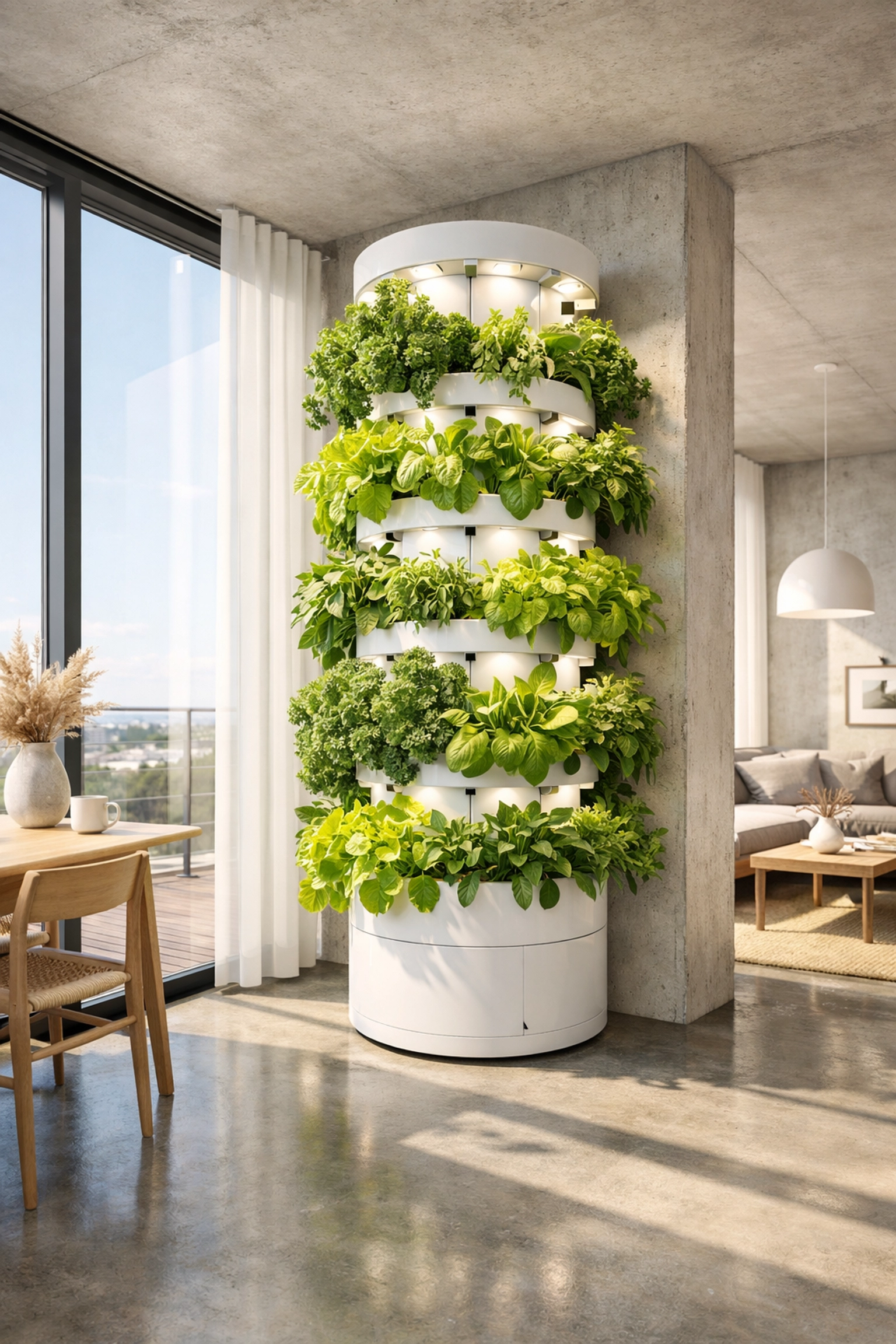 A vertical hydroponic tower with leafy greens in a modern apartment for space-efficient urban gardening.