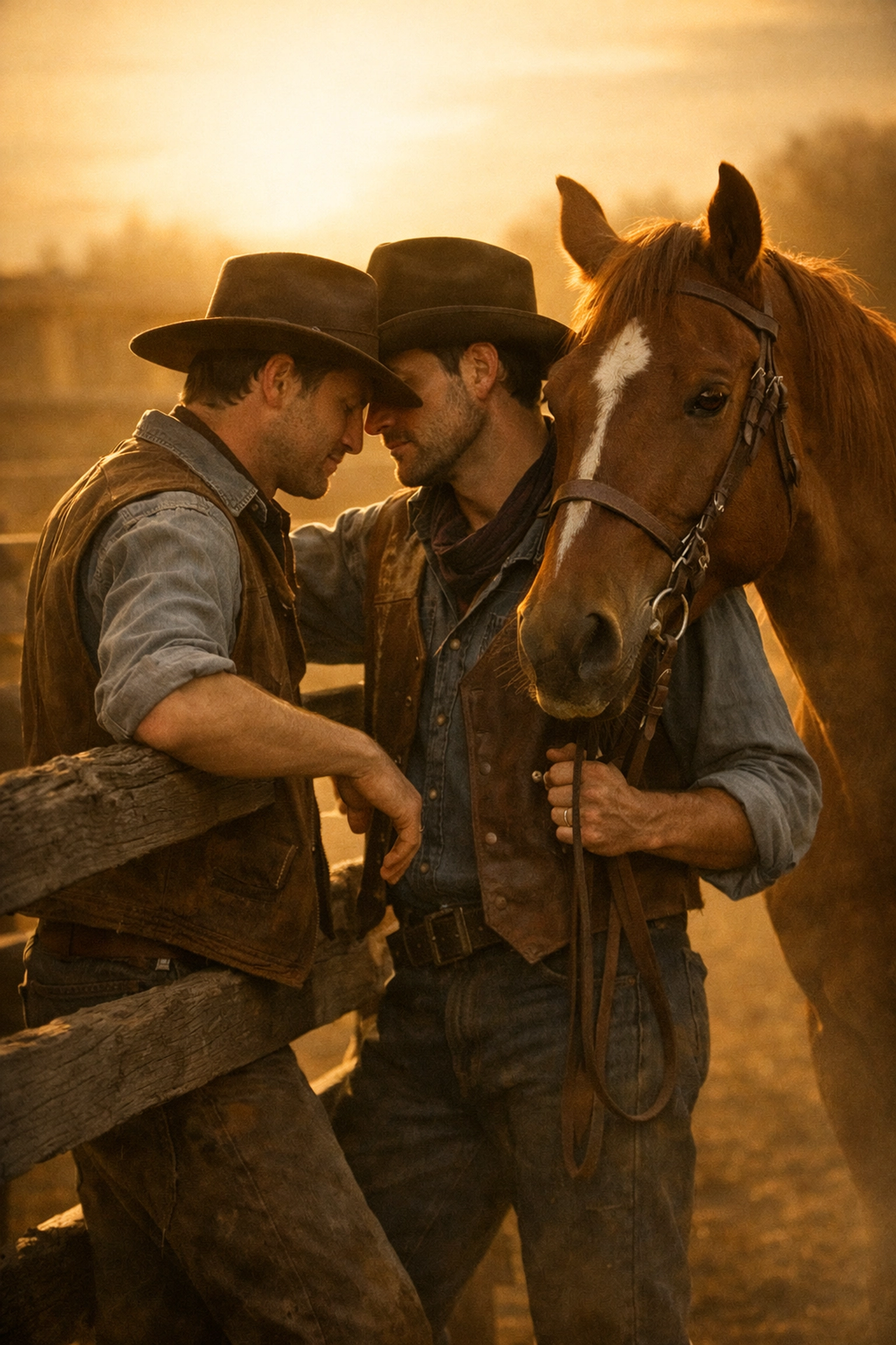Historical gay cowboy couple in vintage ranch attire sharing an intimate moment with a horse in a sun-drenched corral.
