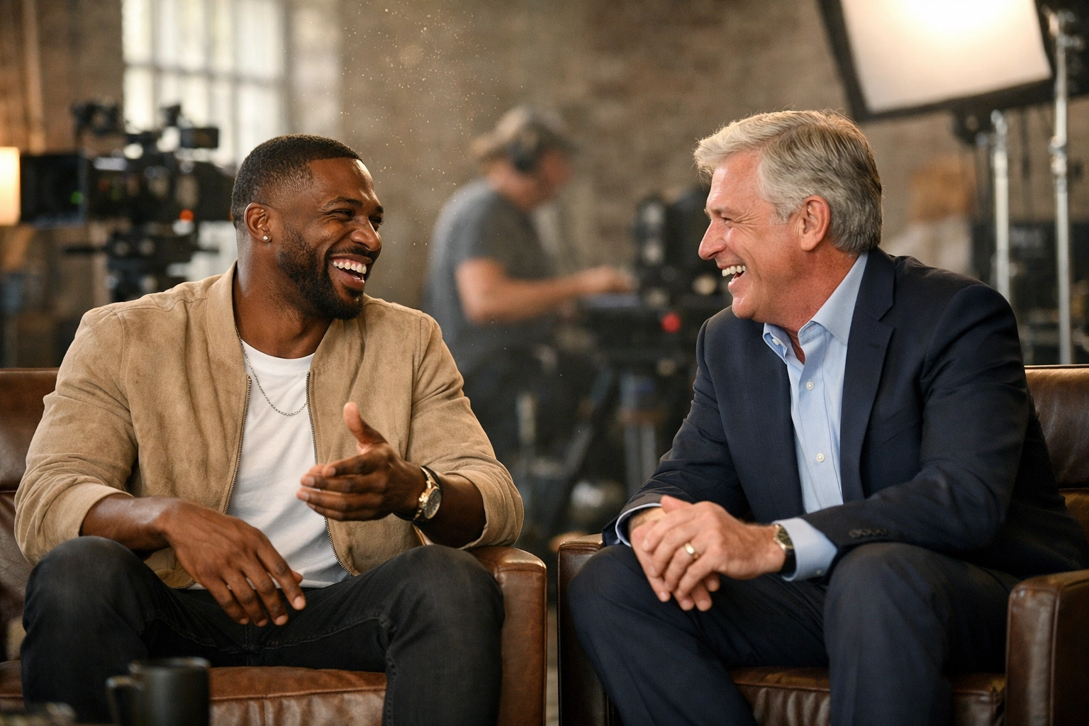 A brand ambassador and CEO sharing an authentic moment on a professional marketing production set.