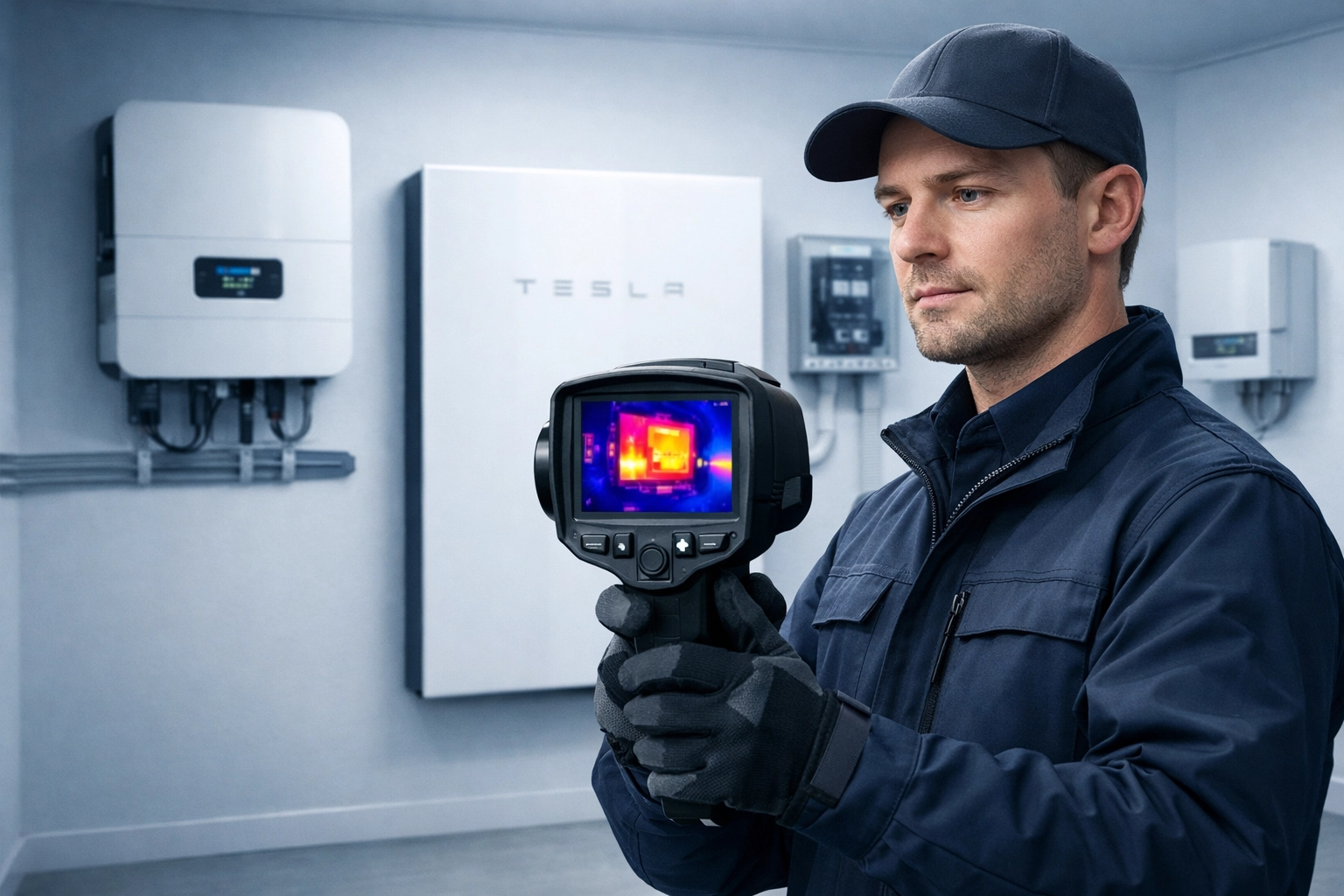 Technical inspection of a solar inverter and Tesla Powerwall 3 using a thermal imaging camera.