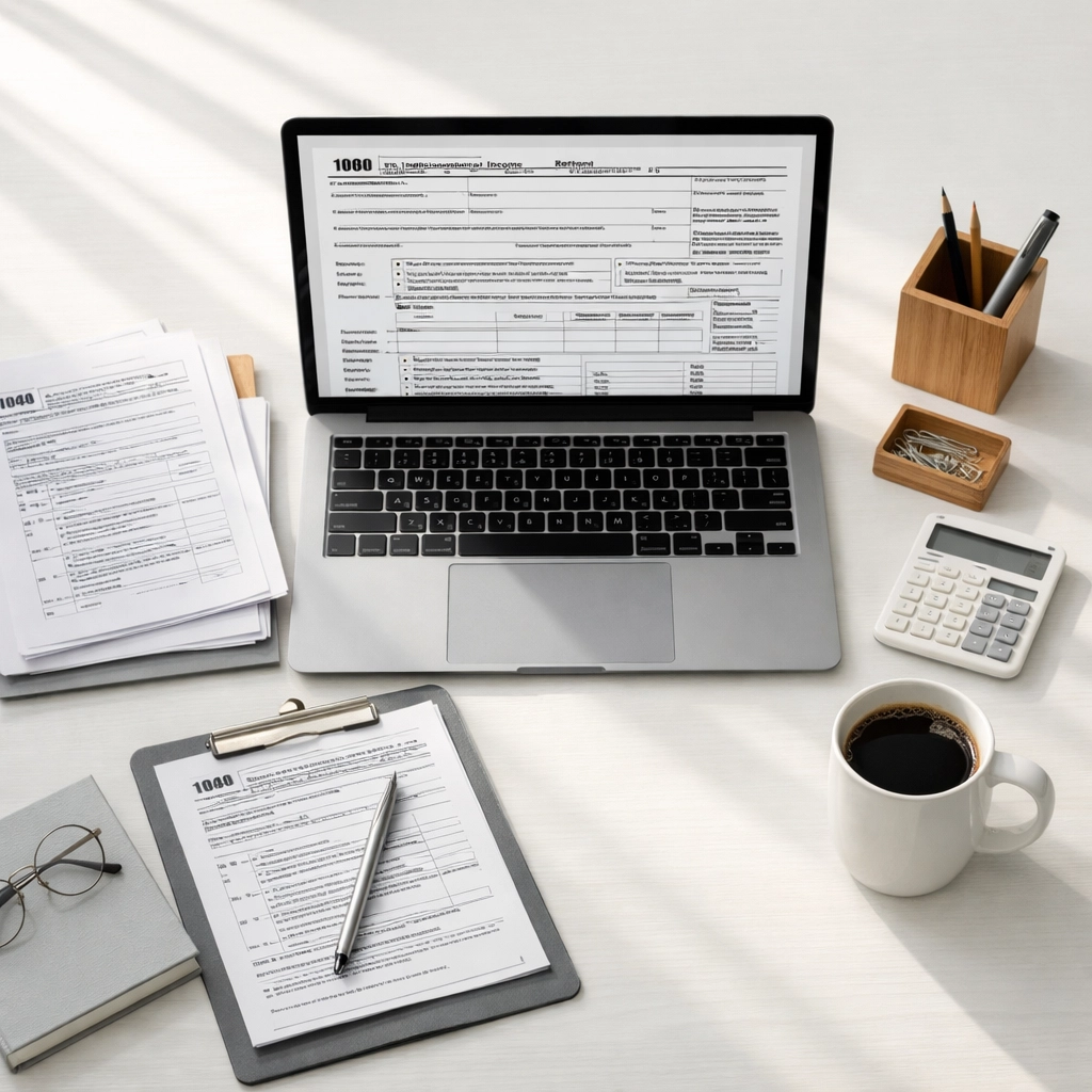 Tax professional workspace with laptop and tax forms for EFIN alternatives research