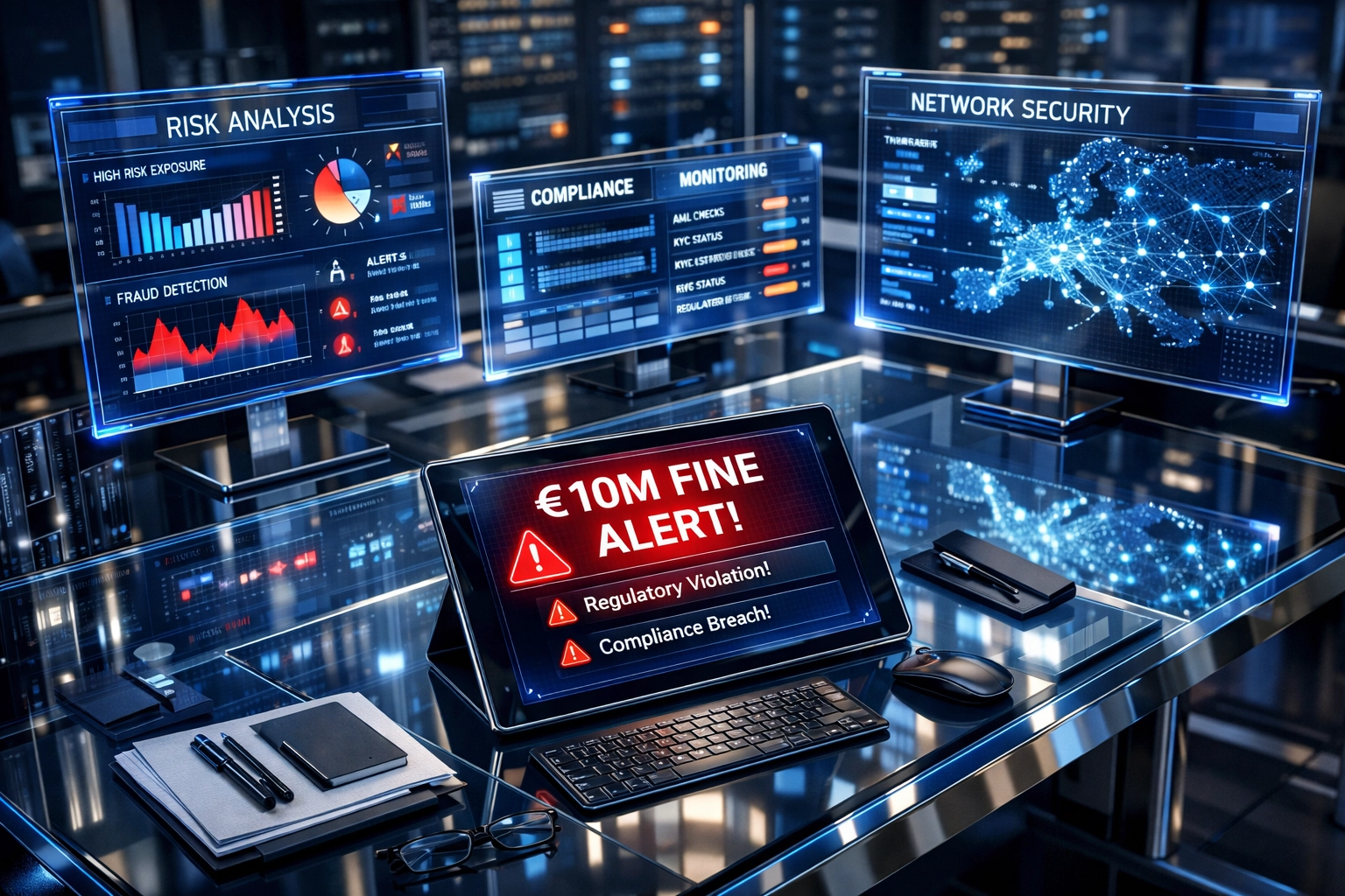 European banking command center displaying DORA compliance dashboards and €10M fine risk alerts