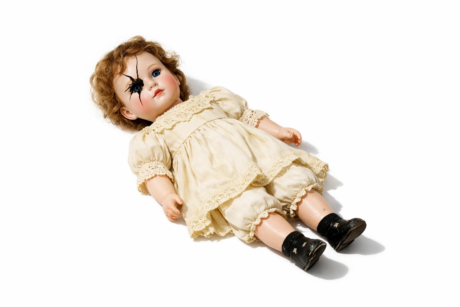 Cracked porcelain doll on a white background representing unsettling themes in domestic thriller books.