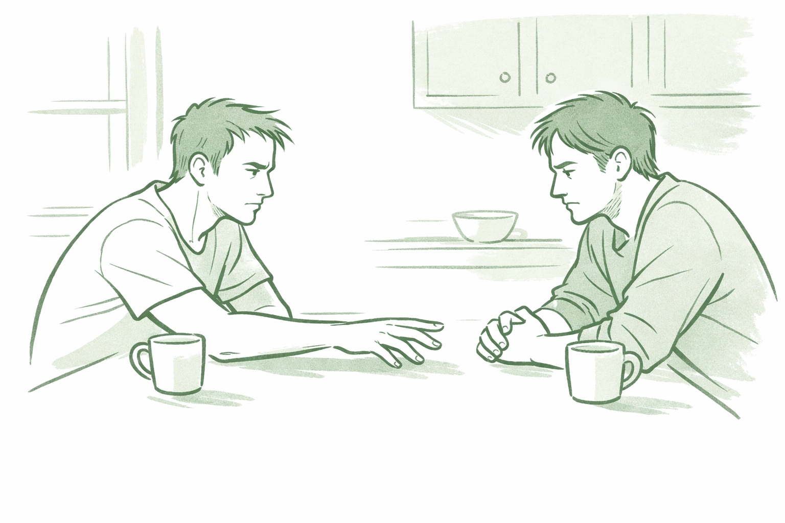Two men at kitchen table having difficult conversation about coming out as gay