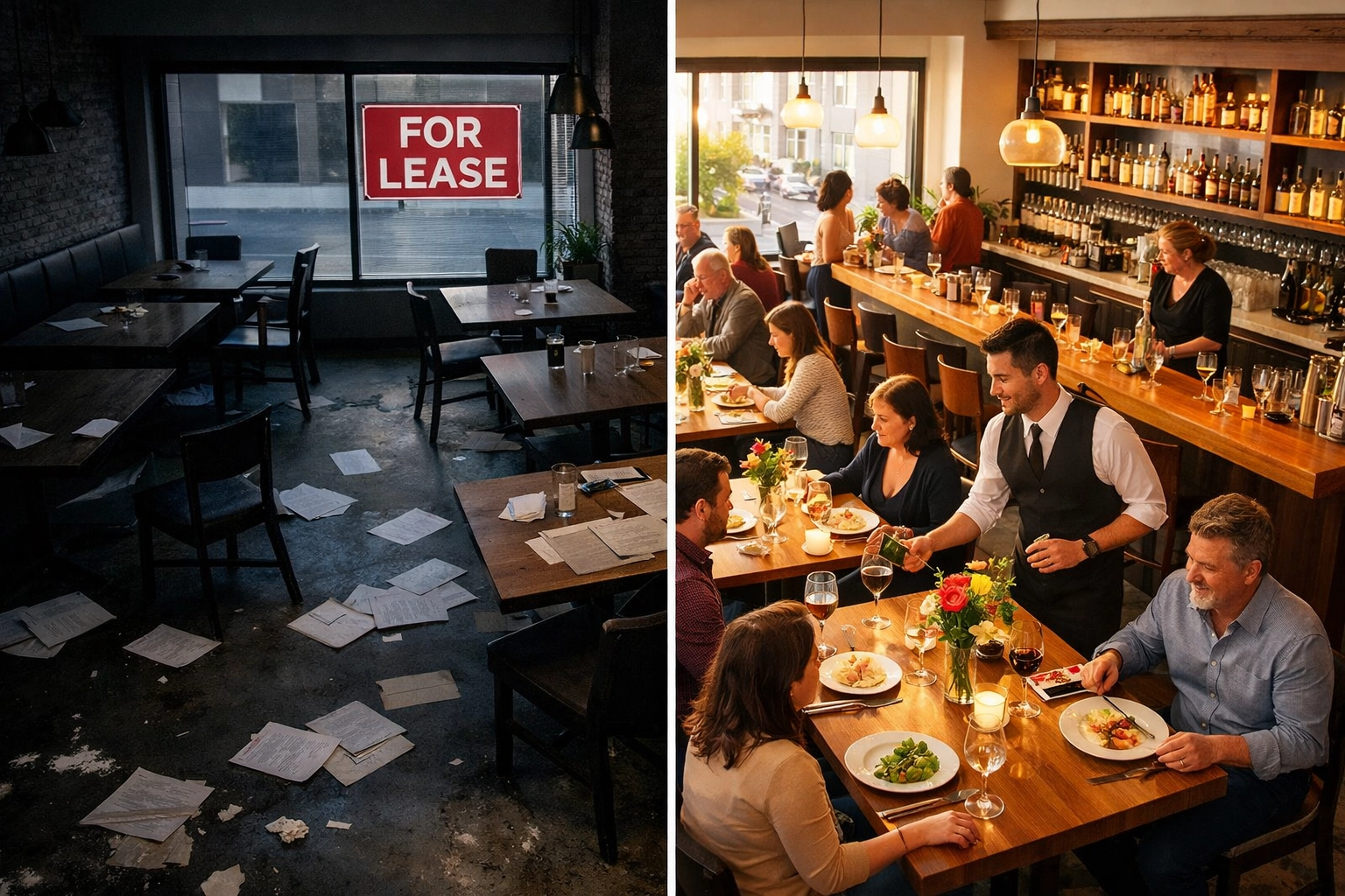 Restaurant interior comparison showing empty failing dining room versus thriving profitable restaurant