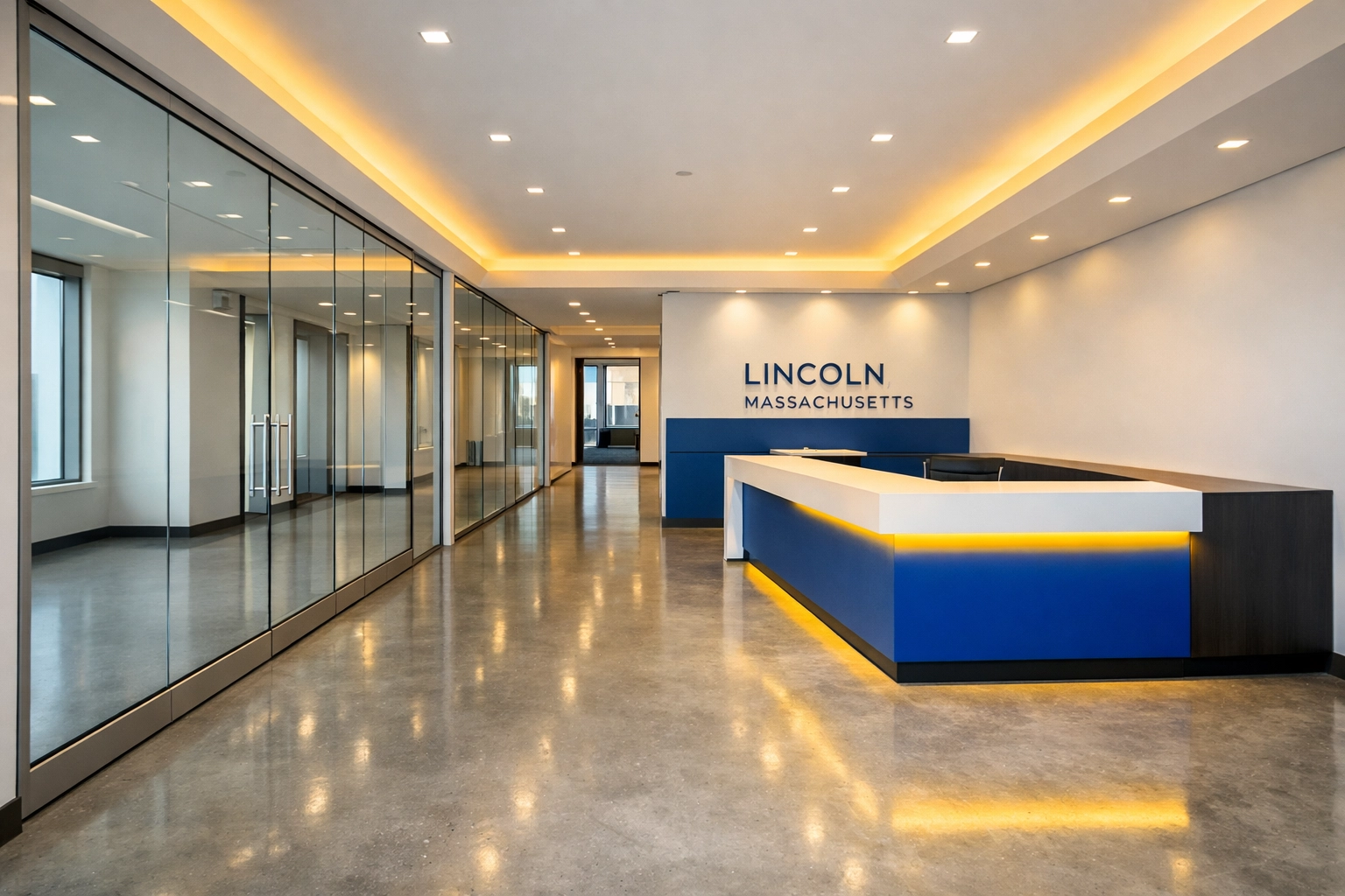 Clean and sanitized office lobby in Lincoln after professional commercial post construction cleaning.