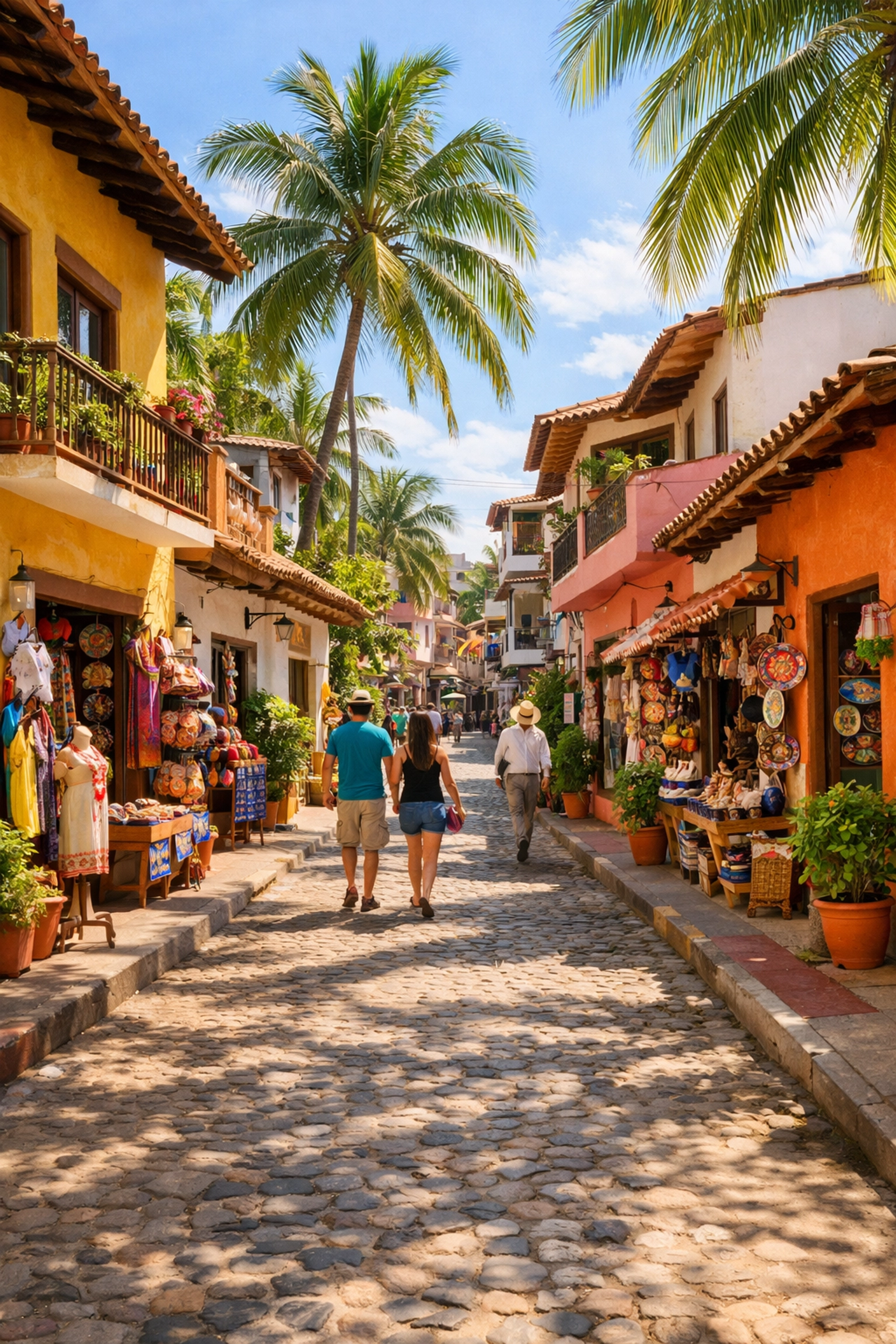 Walkable cobblestone street in Puerto Vallarta Old Town with colorful buildings and local shops