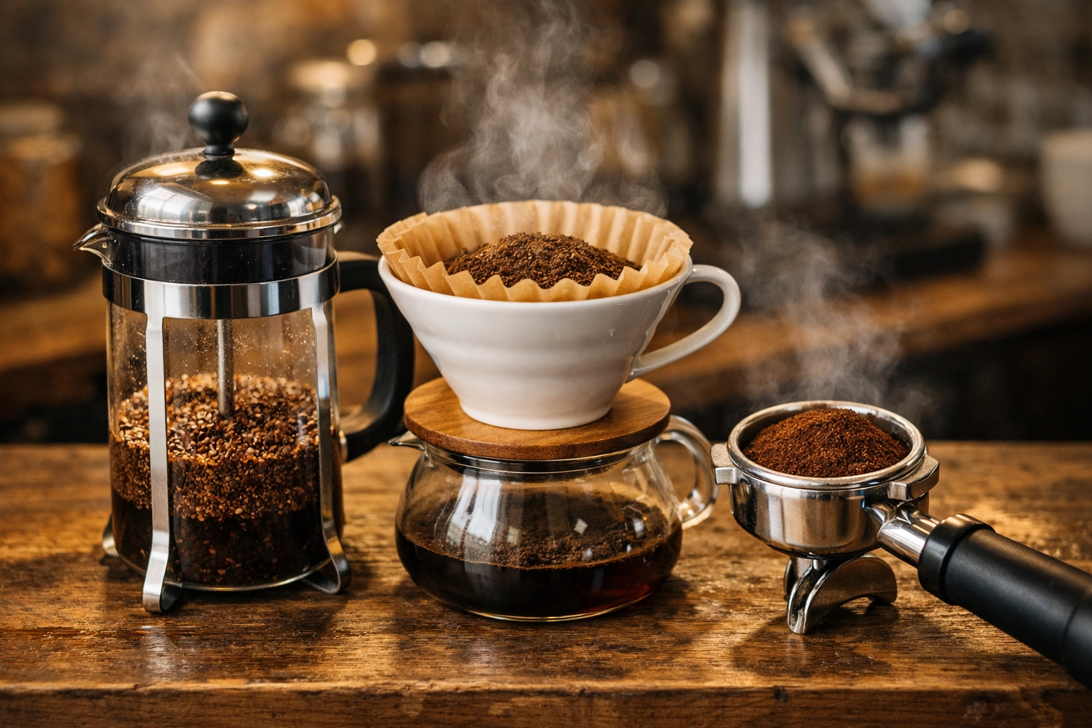 French press, pour over, and espresso brewing methods with their respective grind sizes