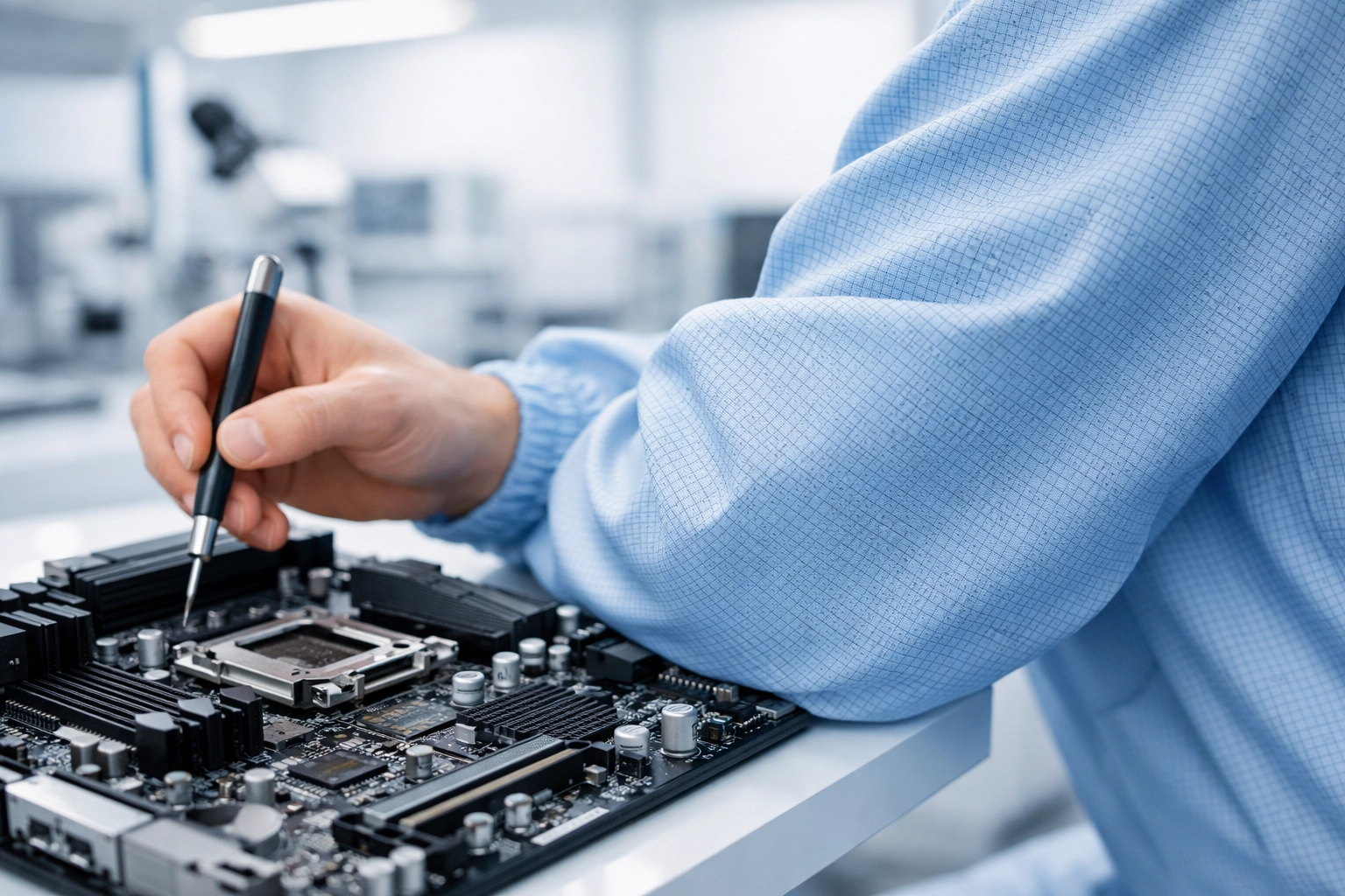 Antistatic workwear smock providing electrostatic protection in a technical environment.