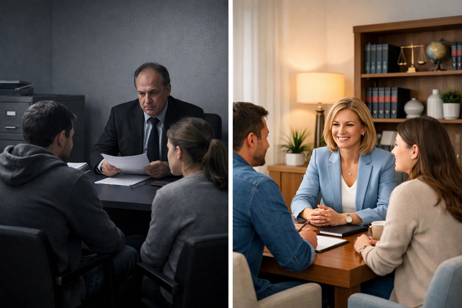 Side-by-side comparison of basic versus quality divorce attorney office environments