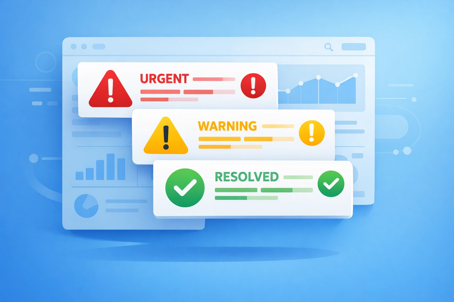 IT helpdesk dashboard showing emergency ticket prioritization with urgent, warning, and resolved alerts
