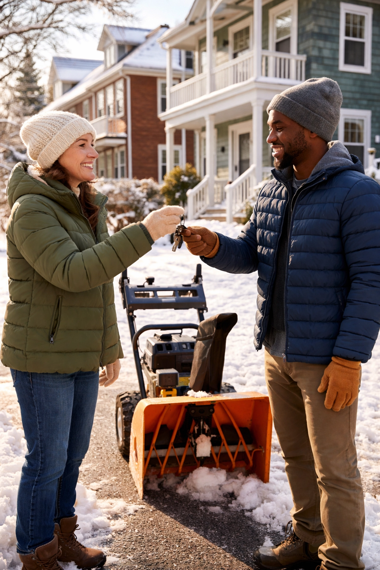 Two Boston neighbors exchange snow blower keys in a snowy driveway, highlighting peer-to-peer rentals