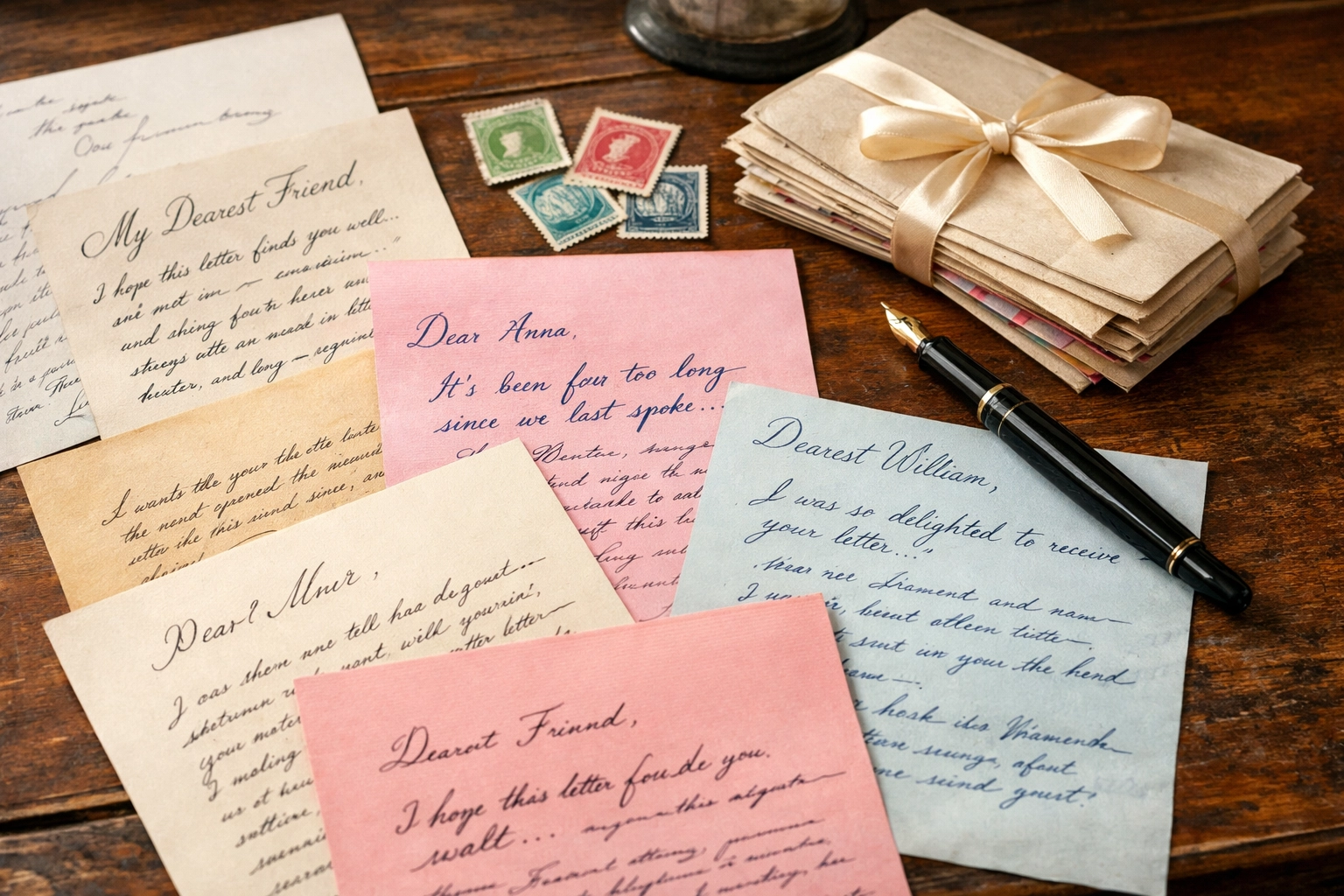Collection of handwritten pen pal letters with fountain pen and stationery